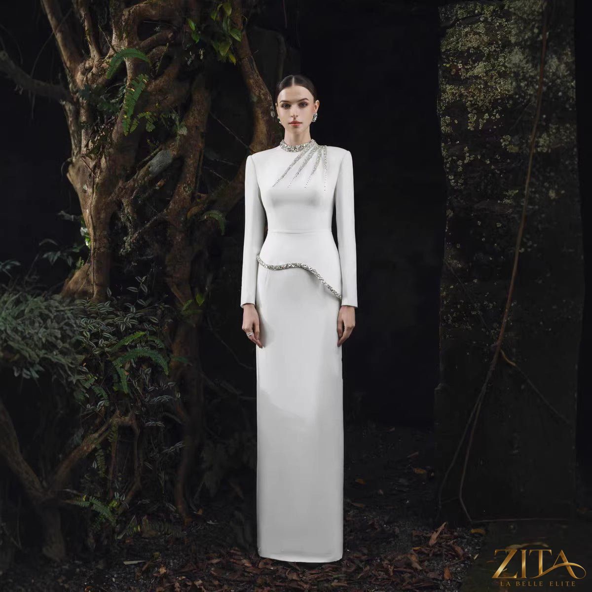 Crystal-embellished Zita La Belle Elite evening gown with intricate detailing and flowing fabric, perfect for formal occasions.