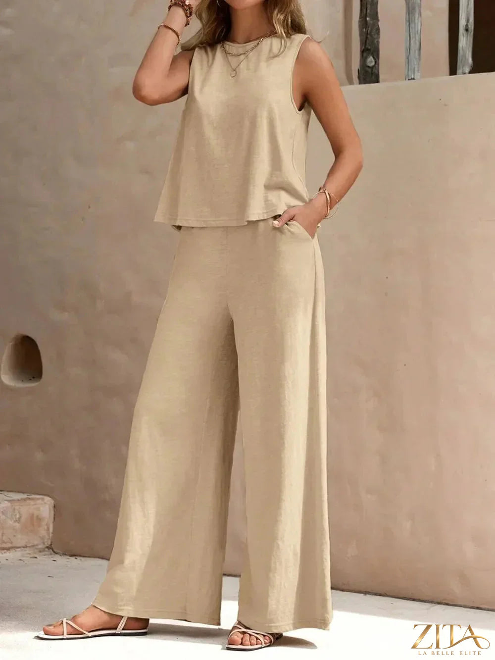 Zita La Belle Elite round neck sleeveless top and wide-leg pants set, stylish and comfortable women's fashion outfit.