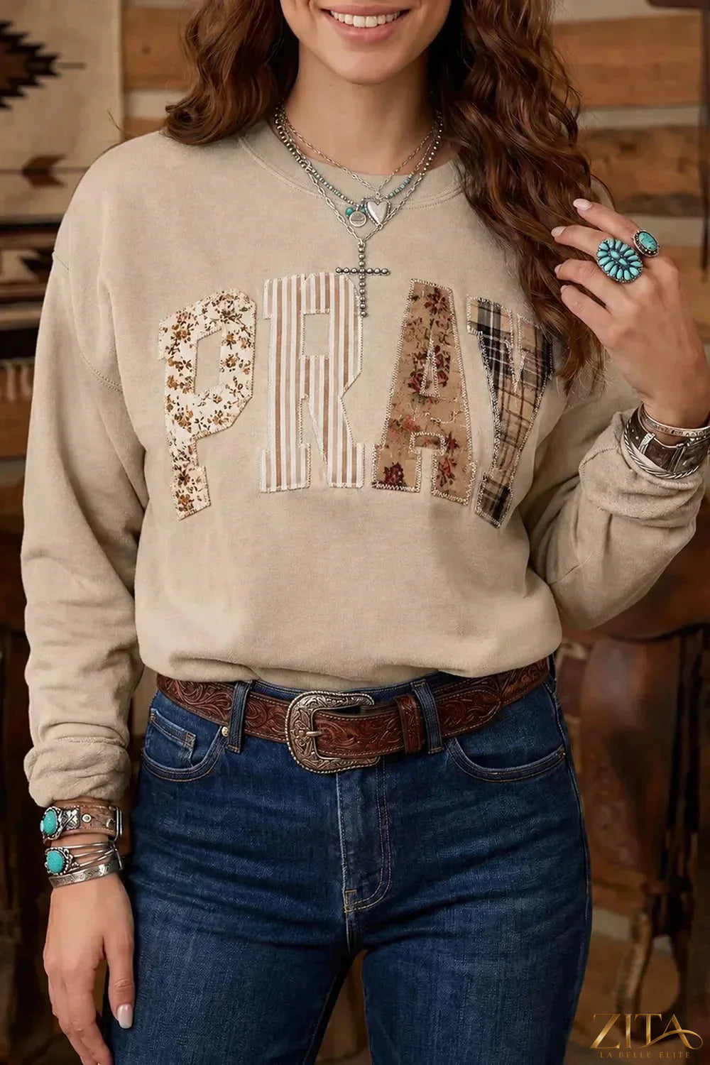 Zita La Belle Elite floral plaid embroidered Western sweatshirt with colorful floral and plaid design on soft fabric.