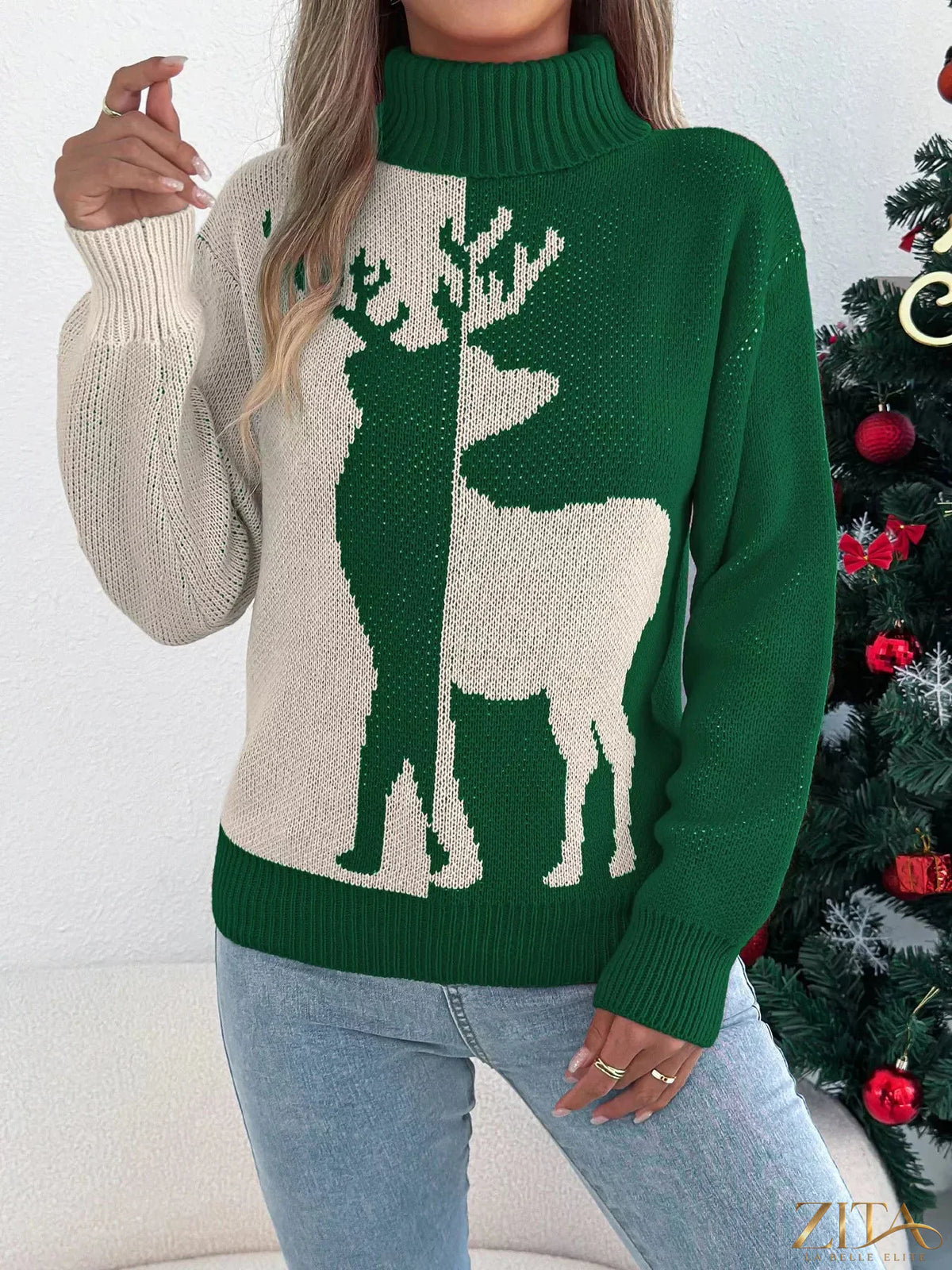 Christmas Reindeer turtleneck sweater by Trendsi featuring festive reindeer design on cozy knit fabric.