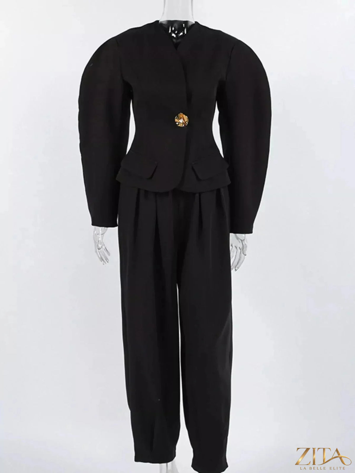 Zita La Belle Elite Puffy Sleeve Blazer and Wide-Leg Pants set, stylish formal outfit featuring a fitted blazer and flowy wide-leg pants.