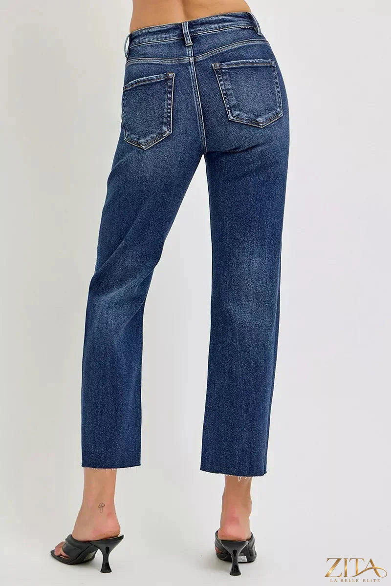 Zita La Belle Elite RISEN high-rise slim barrel jeans in dark denim, showcasing the fitted waist and tapered leg style.