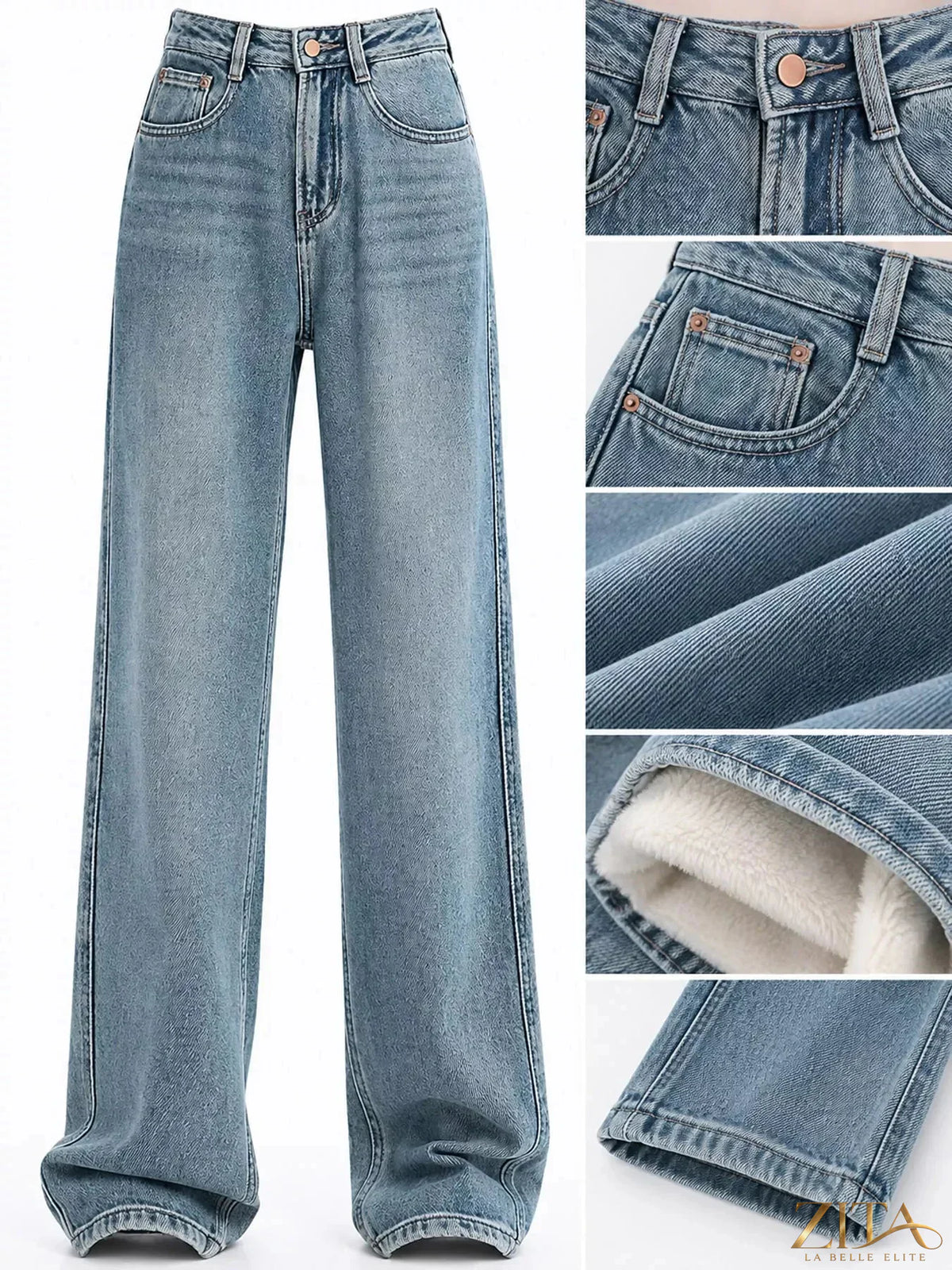 Zita La Belle Elite high-waisted vintage wash wide-leg jeans with relaxed fit and classic denim texture.