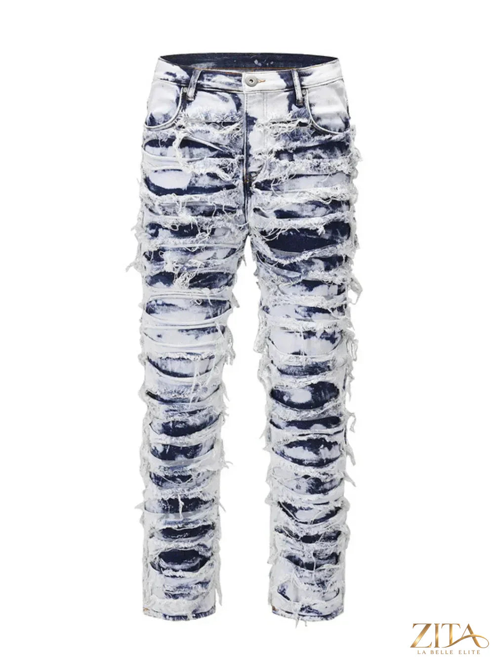 Men's distressed raw hem straight jeans by Trendsi featuring a classic fit with faded details and frayed hems.