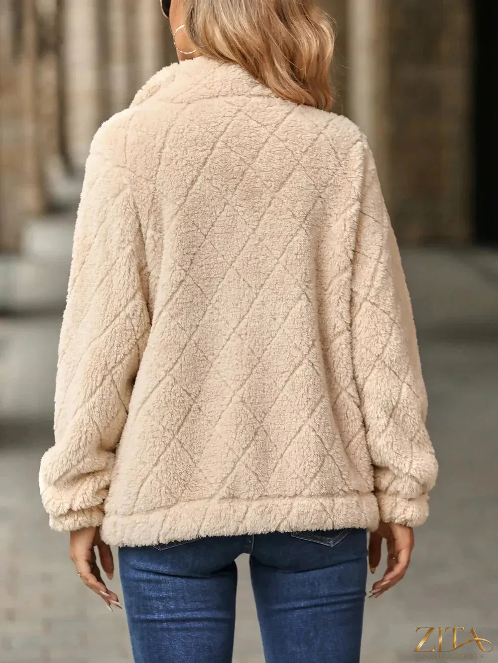 Zita La Belle Elite fuzzy zip-up jacket with front pockets, soft texture, and a stylish casual design.
