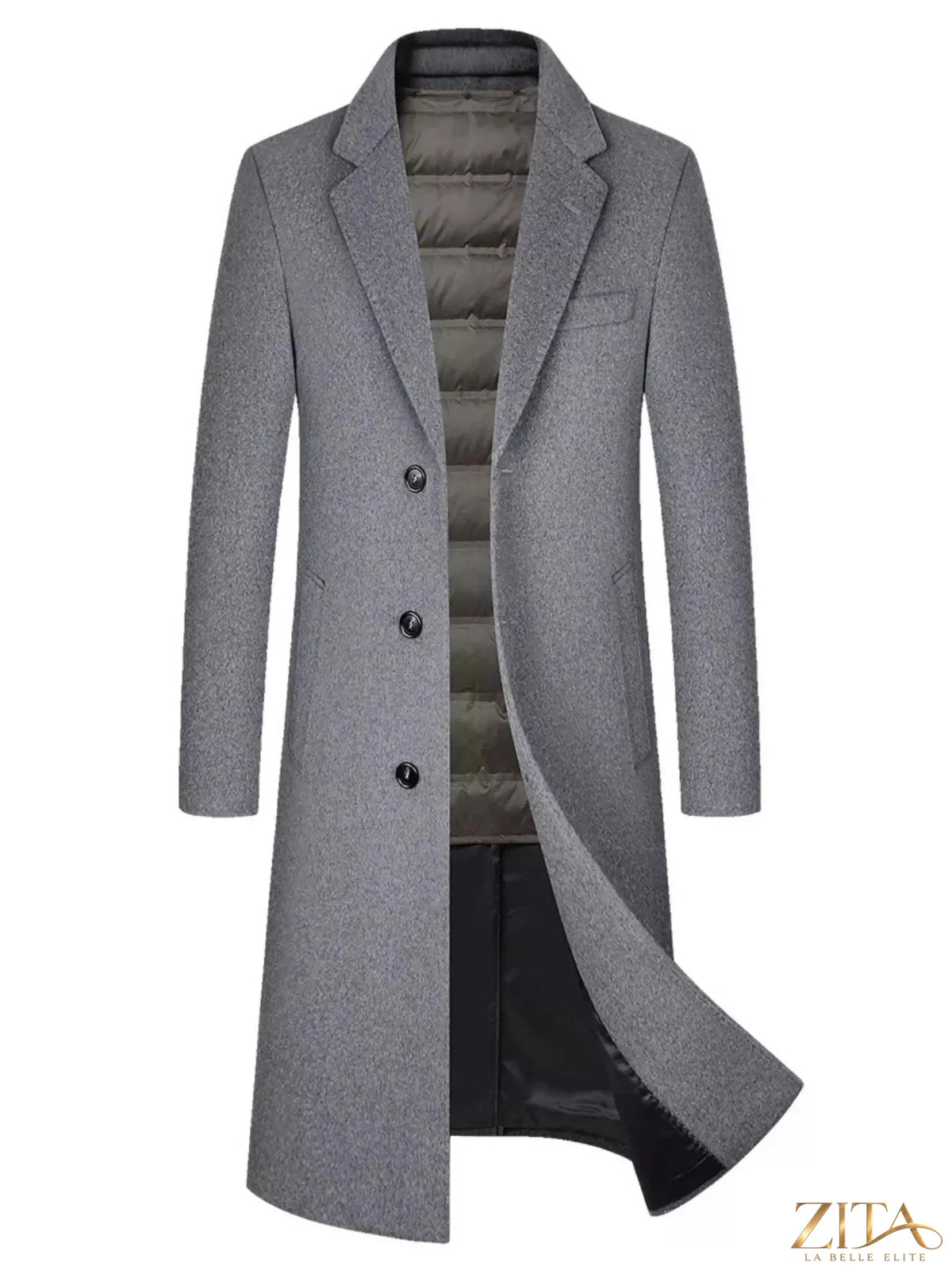 Men's classic button-up overcoat by Zita La Belle Elite, shown in black with a tailored fit and collar detail.