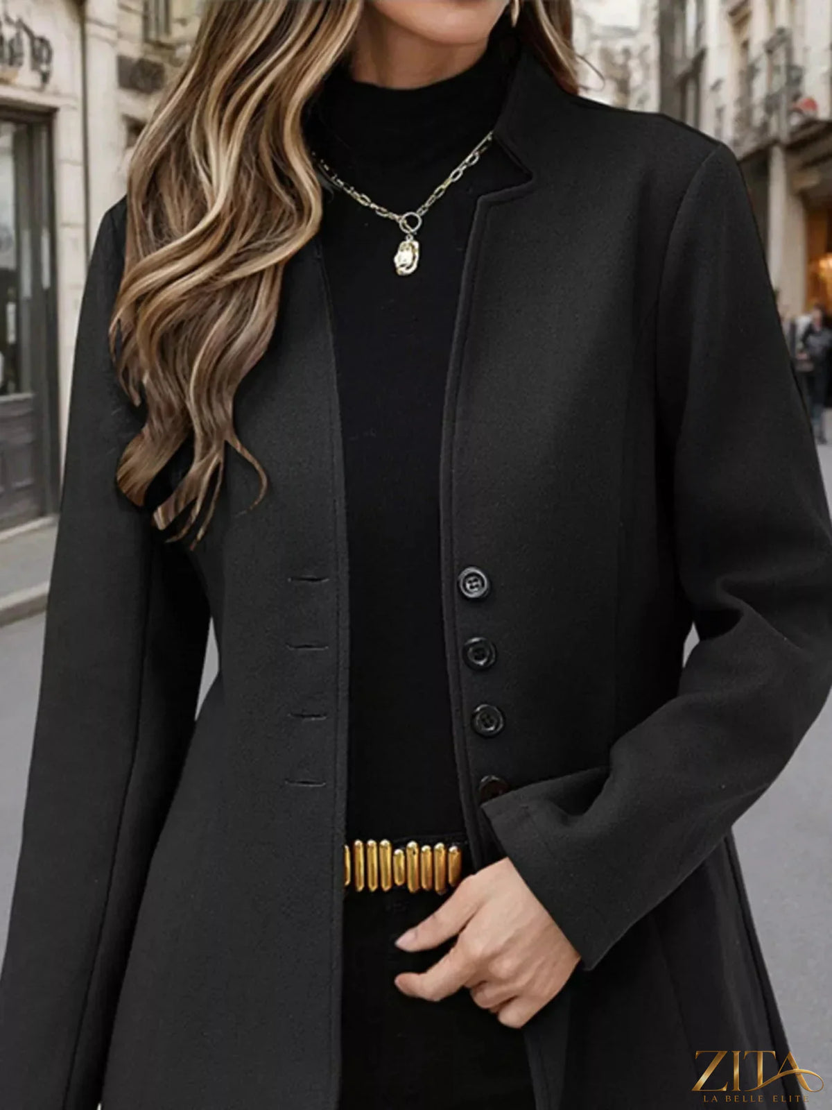 Zita La Belle Elite button-up long sleeve coat in a classic style, shown with front view and detailed fabric texture.