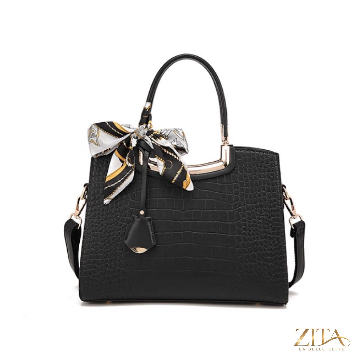 Zita La Belle Elite crocodile embossed leather top handle handbag with gold-tone hardware and structured design.