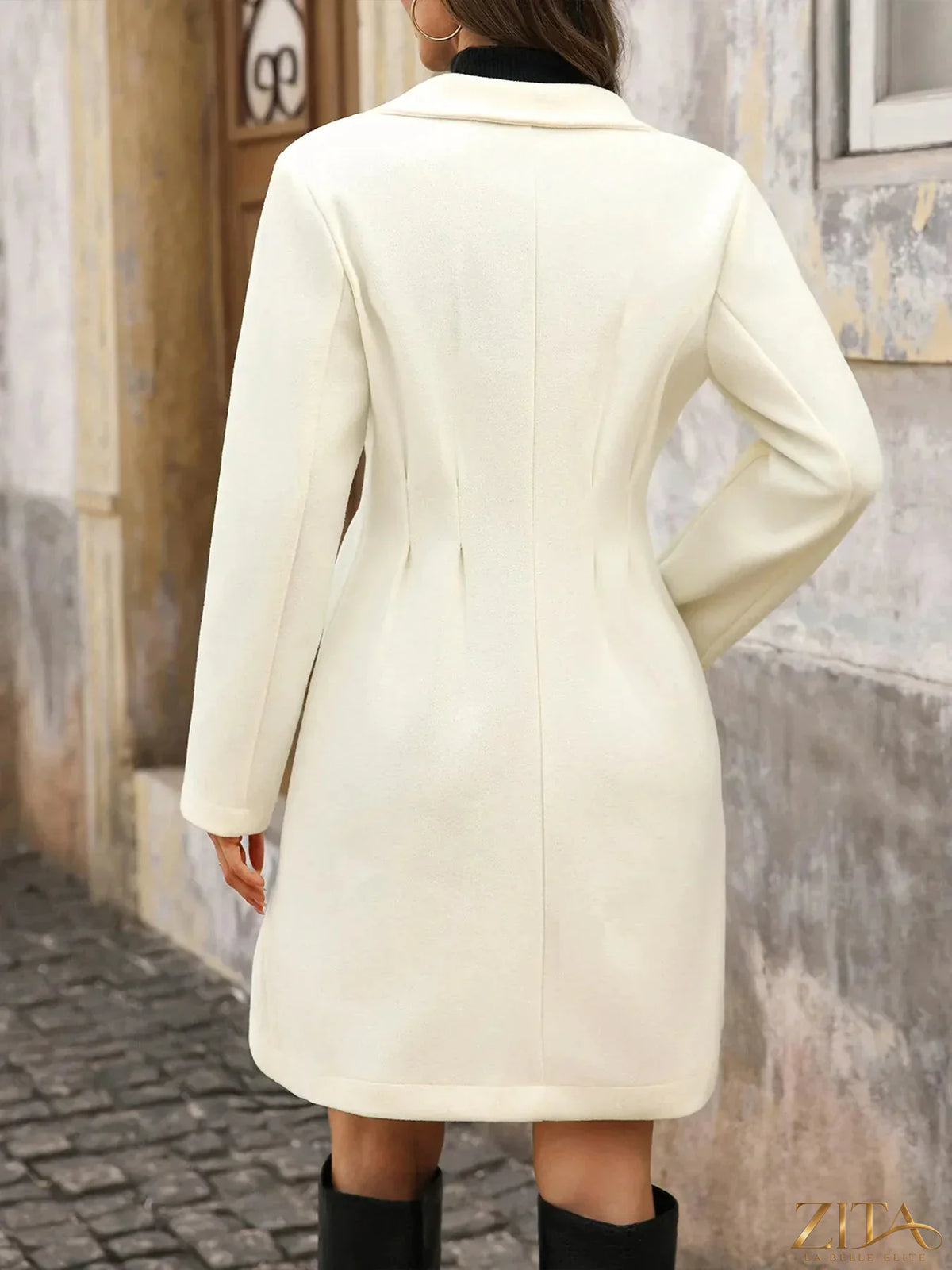 Zita La Belle Elite longline coat with lapel collar, long sleeves, and a stylish, tailored fit in a sleek design.