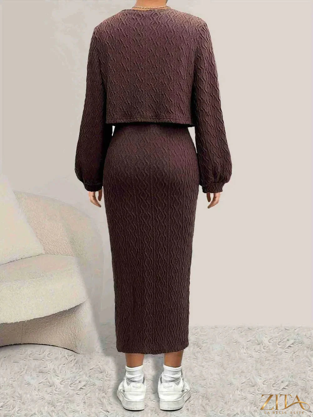 Zita La Belle Elite open front long sleeve cardigan and side slit cami dress set, beige color, lightweight and stylish for layered outfits.