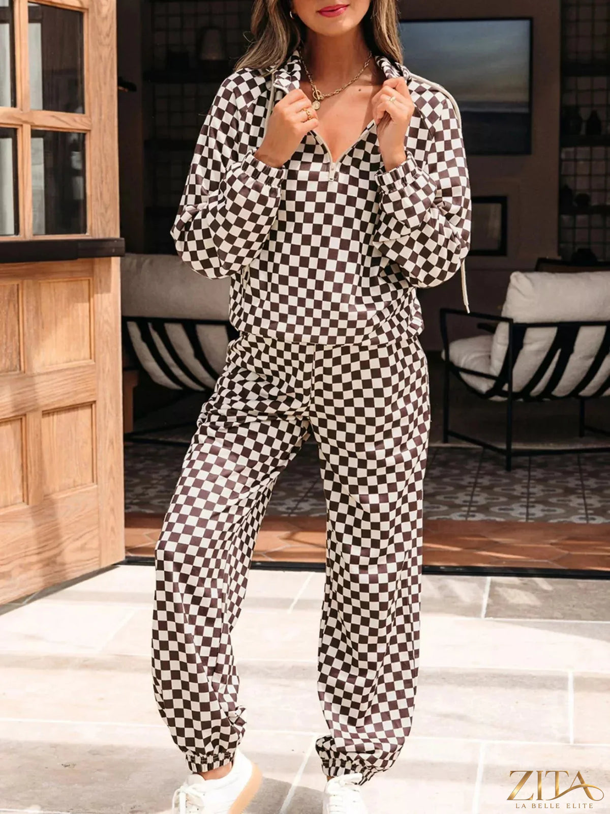 Zita La Belle Elite checkered drawstring hoodie and matching pants set, casual loungewear with a stylish checkered pattern.