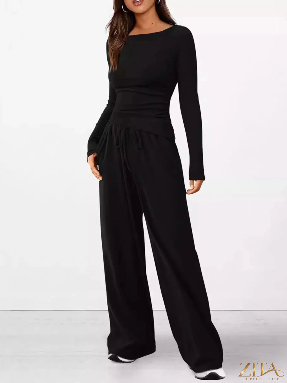 Zita La Belle Elite long sleeve top and wide leg pants set in soft fabric, featuring a relaxed fit and stylish design.