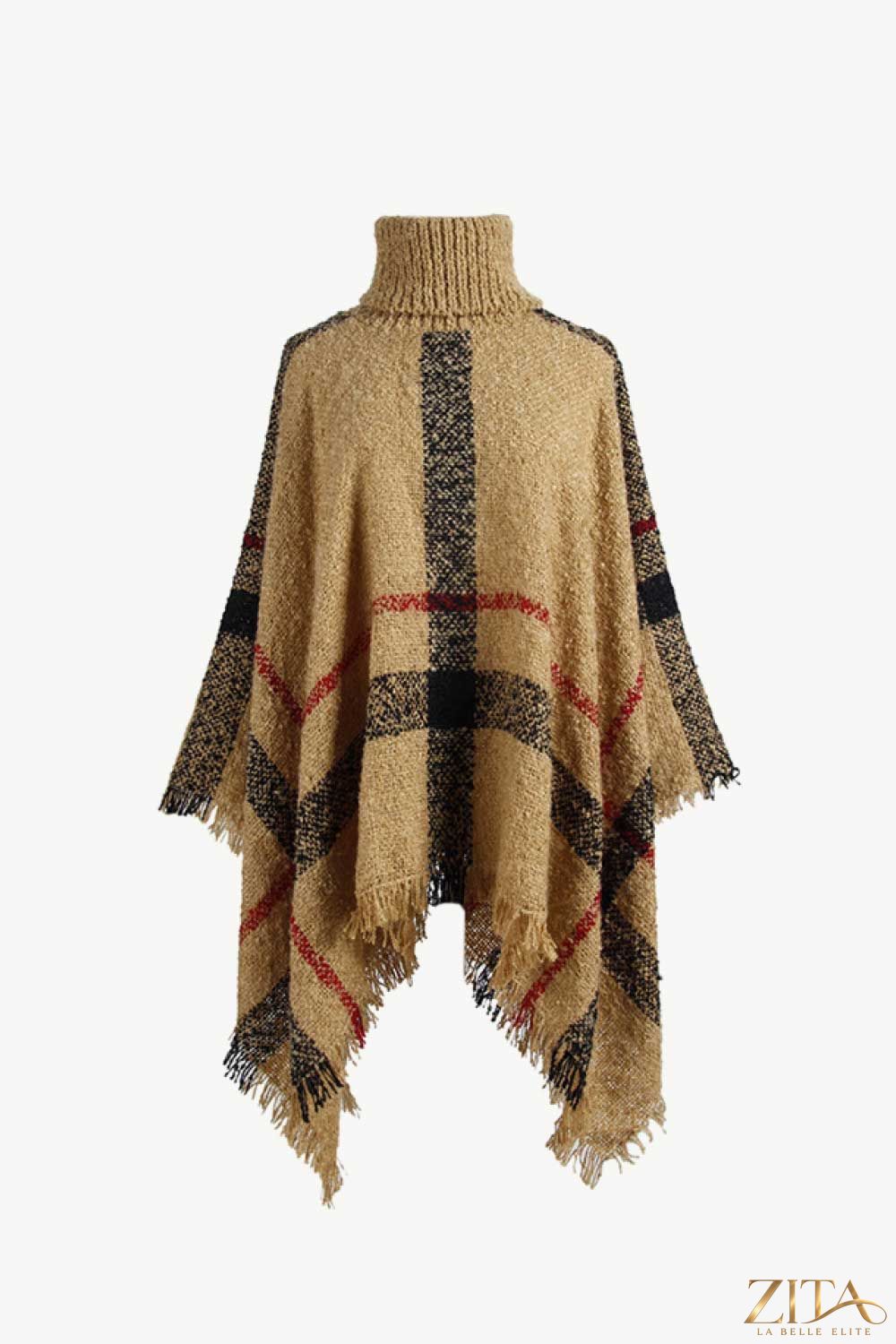 Plaid turtleneck raw hem poncho by Trendsi, featuring a cozy plaid pattern, turtleneck collar, and stylish raw hem detail.