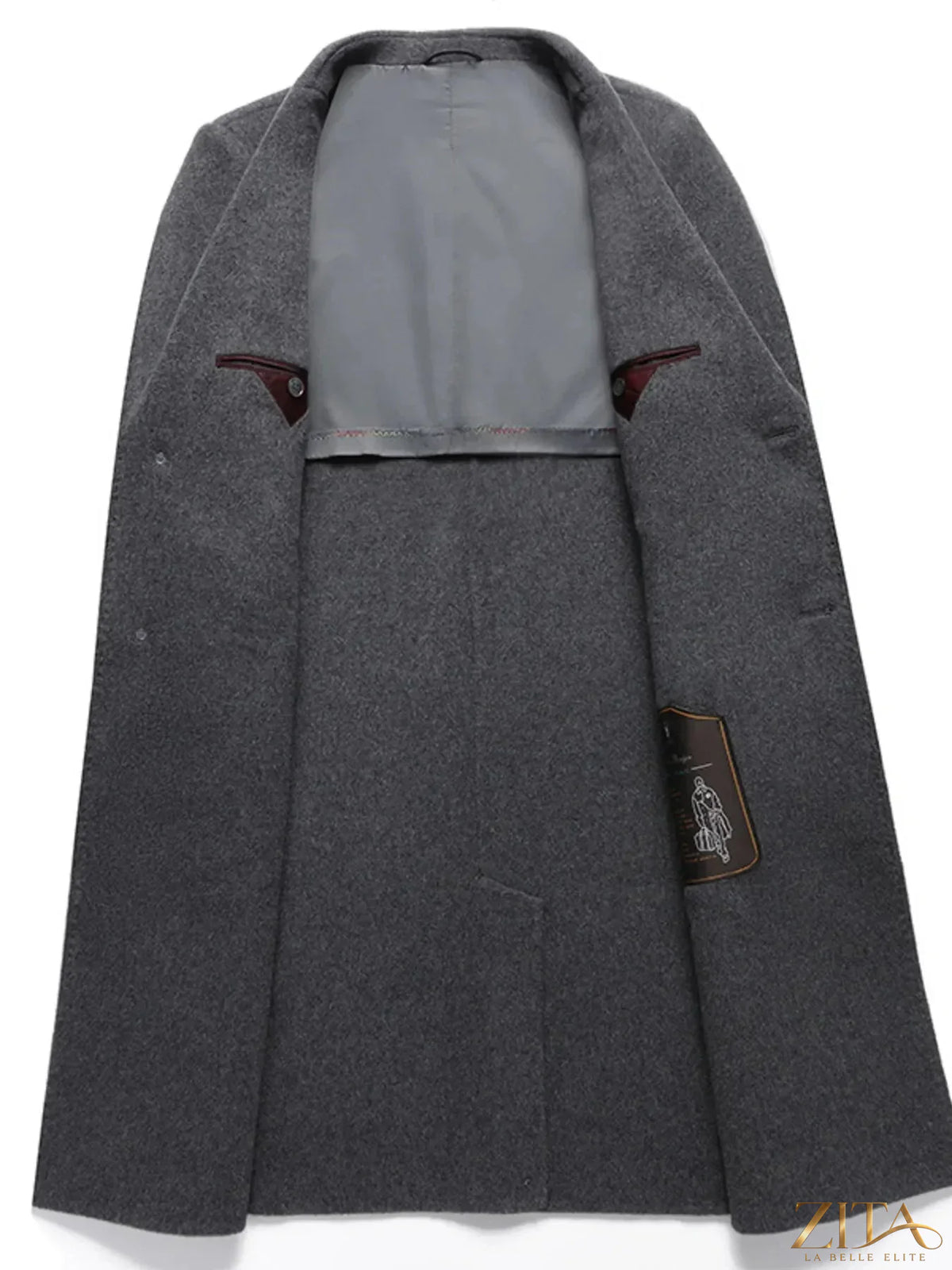 Men's plus size long coat with lapel collar by Zita La Belle Elite, shown in a stylish design with a tailored fit.