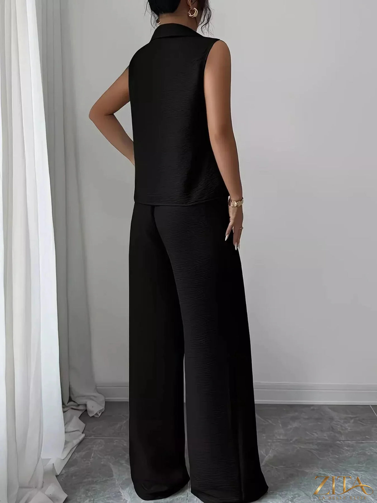 Zita La Belle Elite sleeveless top and wide leg pants set, stylish and comfortable outfit with flowy fabric and modern design.