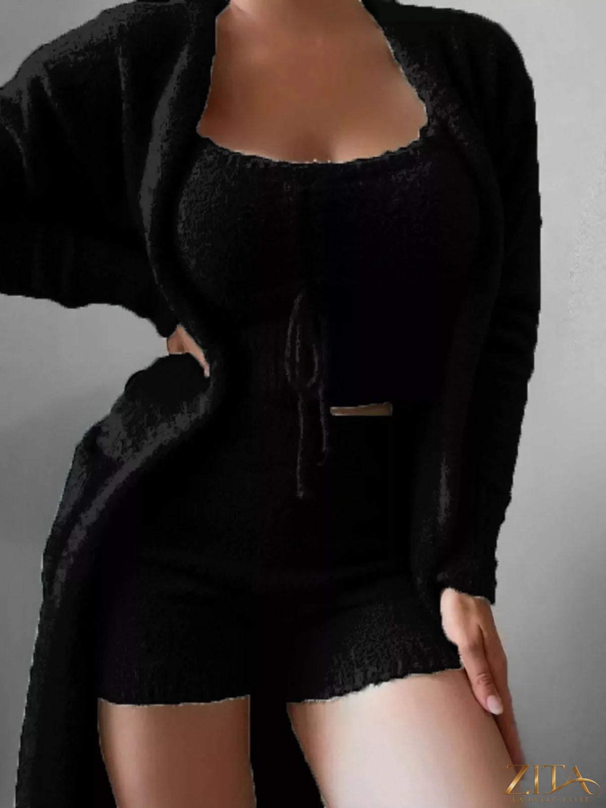 Plus size Zita La Belle Elite cozy plush cardigan and shorts set, soft and comfortable with a relaxed fit.