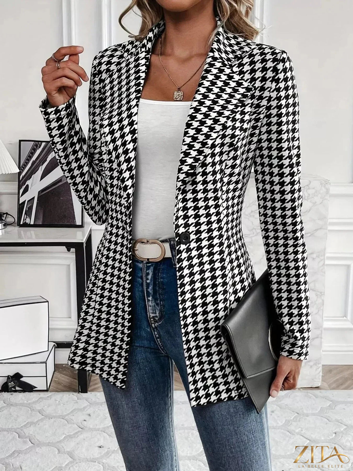 Zita La Belle Elite houndstooth print blazer with lapel collar, tailored women’s blazer in black and white check pattern.