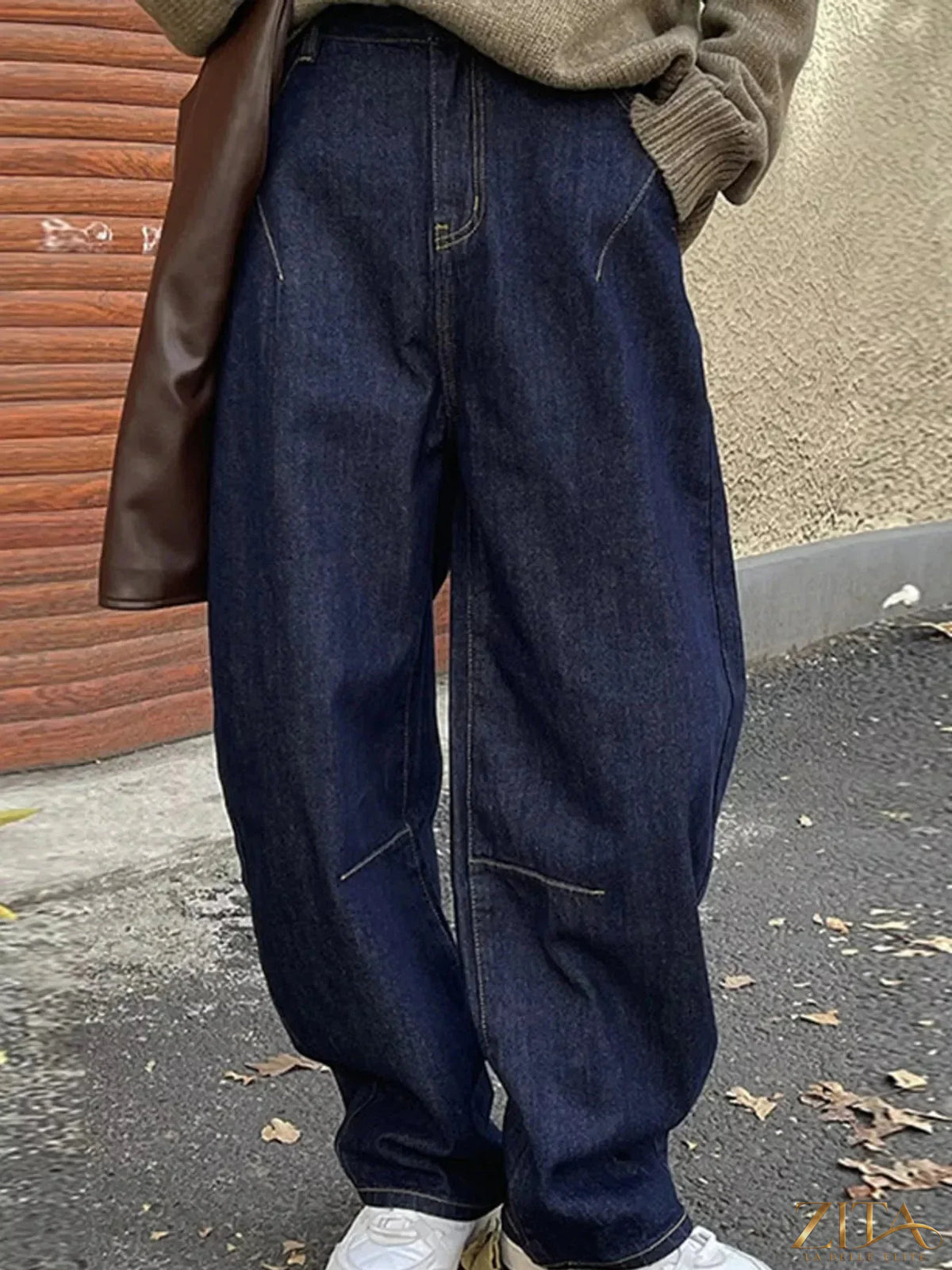 Zita La Belle Elite wide-leg barrel jeans in denim, featuring a relaxed fit and classic five-pocket design on model.
