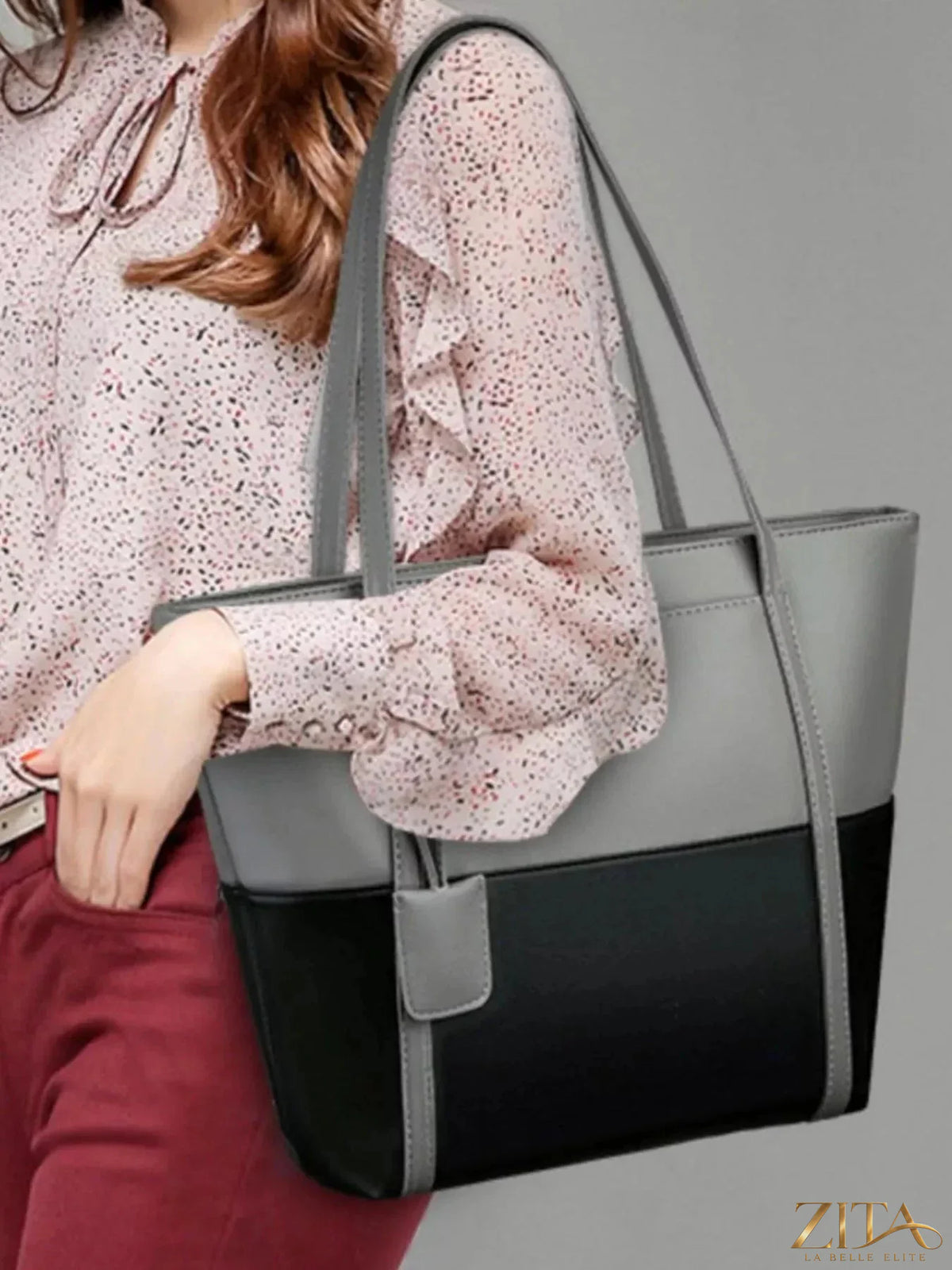 Two-tone Zita La Belle Elite tote bag with leather handles and spacious interior, showcasing stylish design and durable construction.