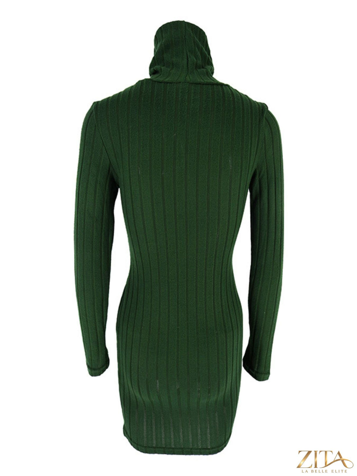 Ribbed black turtleneck bodycon mini dress by Trendsi, close-up of fitted silhouette and textured fabric.