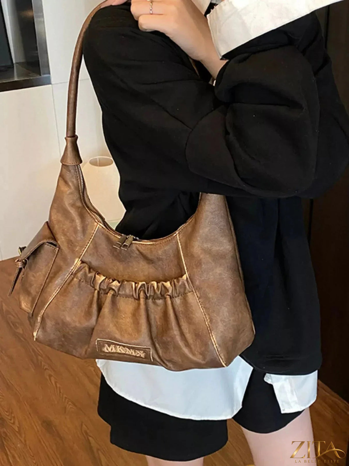 Vintage Zita La Belle Elite ruched hobo shoulder bag with soft leather and a slouchy, bohemian design.