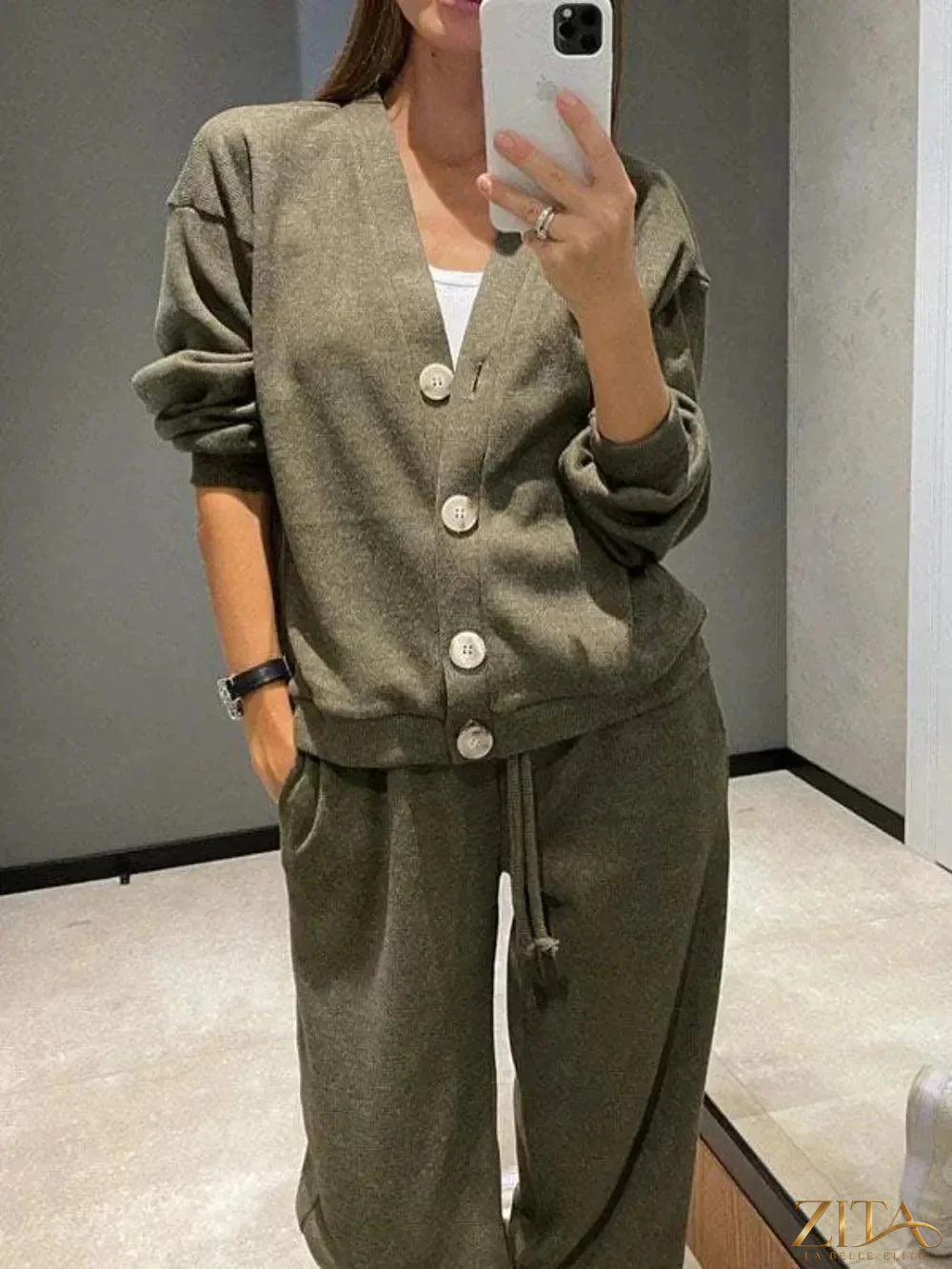Zita La Belle Elite full size button-up long sleeve top and pants set in soft fabric, shown laid out flat.