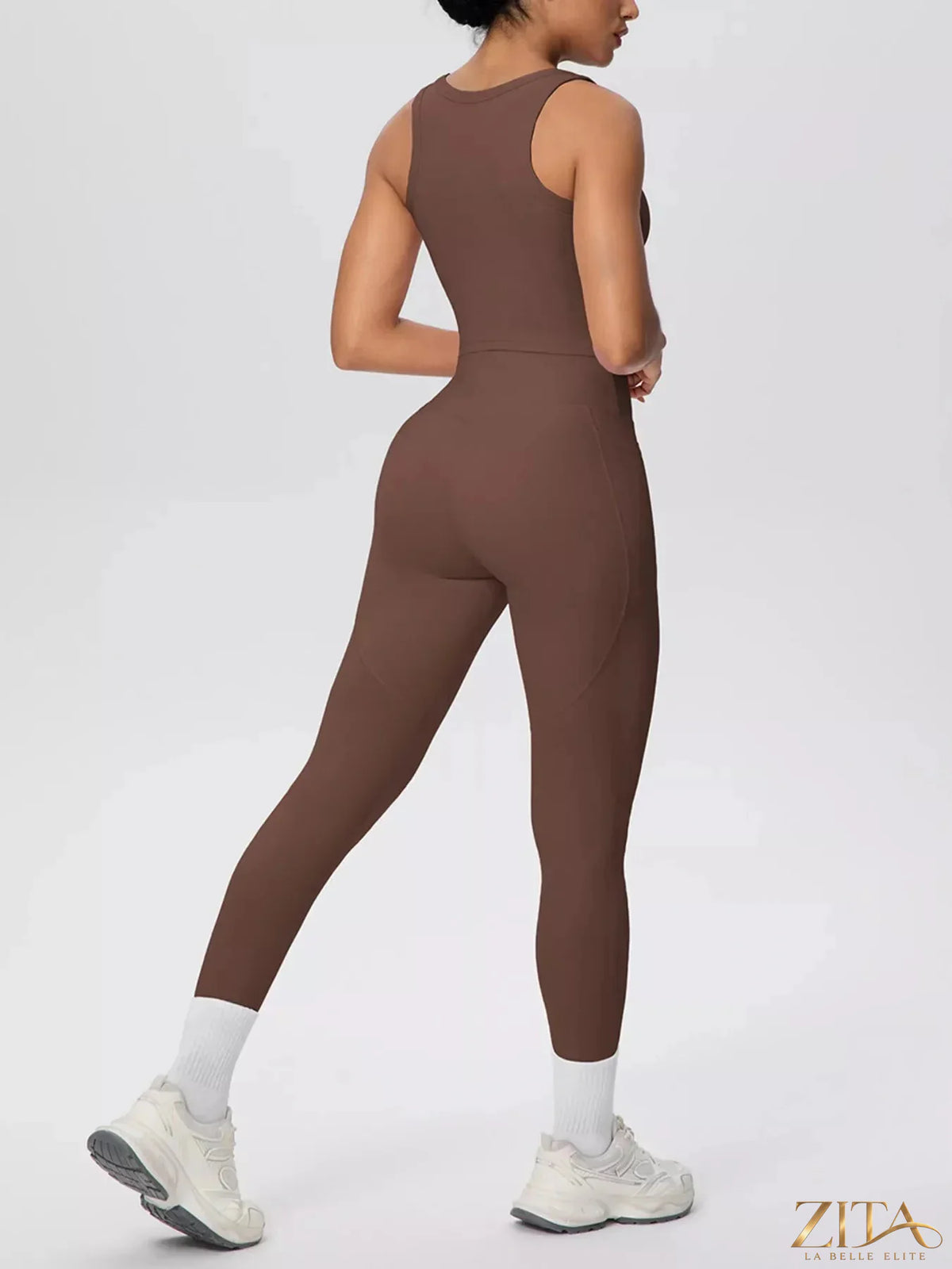 Zita La Belle Elite scoop neck tank and high-waisted leggings active set, black athletic wear for workout or casual wear.