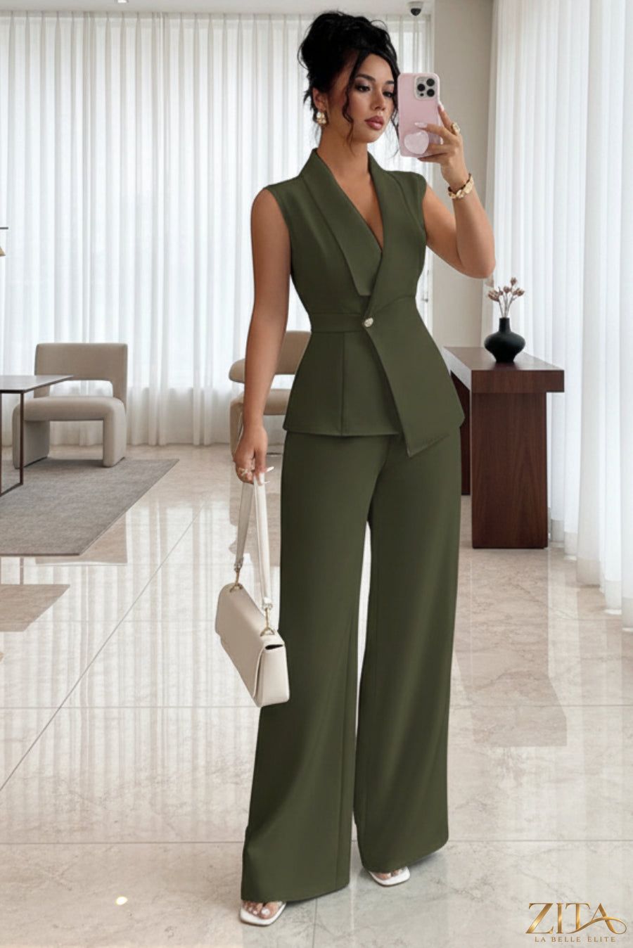 Zita La Belle Elite women's sleeveless peplum blazer and wide-leg pants two-piece set, stylish tailored outfit on a model.
