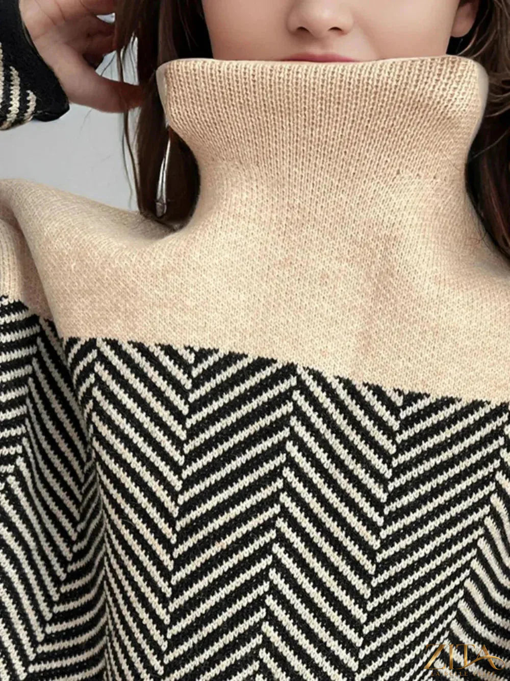 Contrast turtleneck long sleeve sweater by Trendsi, featuring a cozy knit design with a stylish color-block pattern.