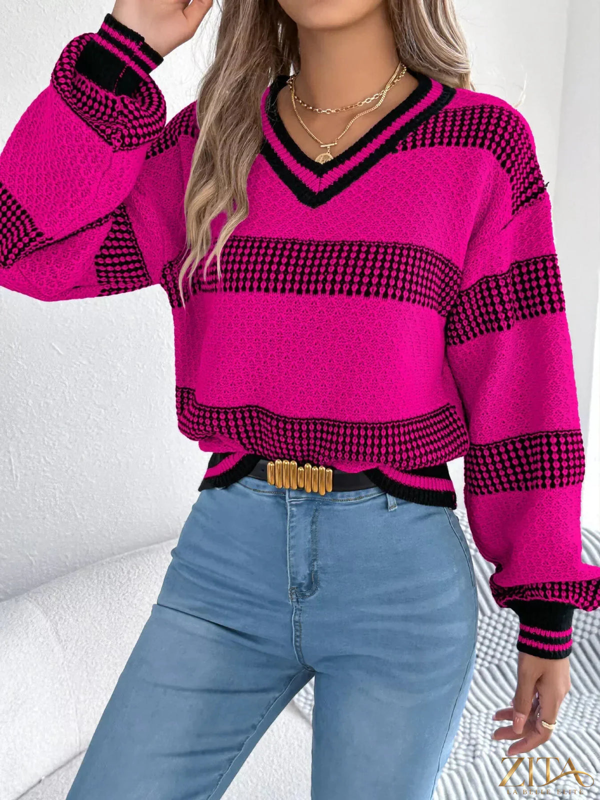 Contrast striped V-neck sweater by Trendsi featuring a stylish pattern and ribbed cuffs, perfect for casual or layered looks.