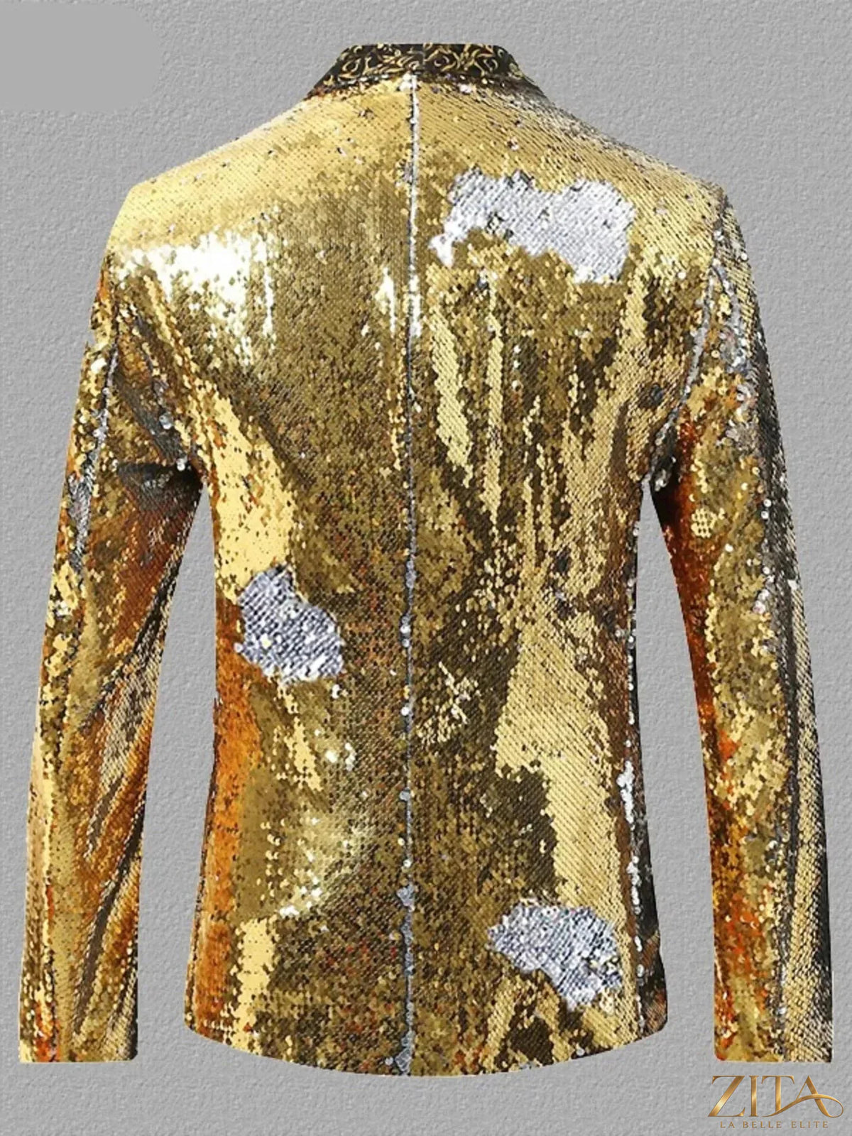 Men's sequin long sleeve blazer by Zita La Belle Elite, shown in black with shiny sequin embellishments and tailored fit.