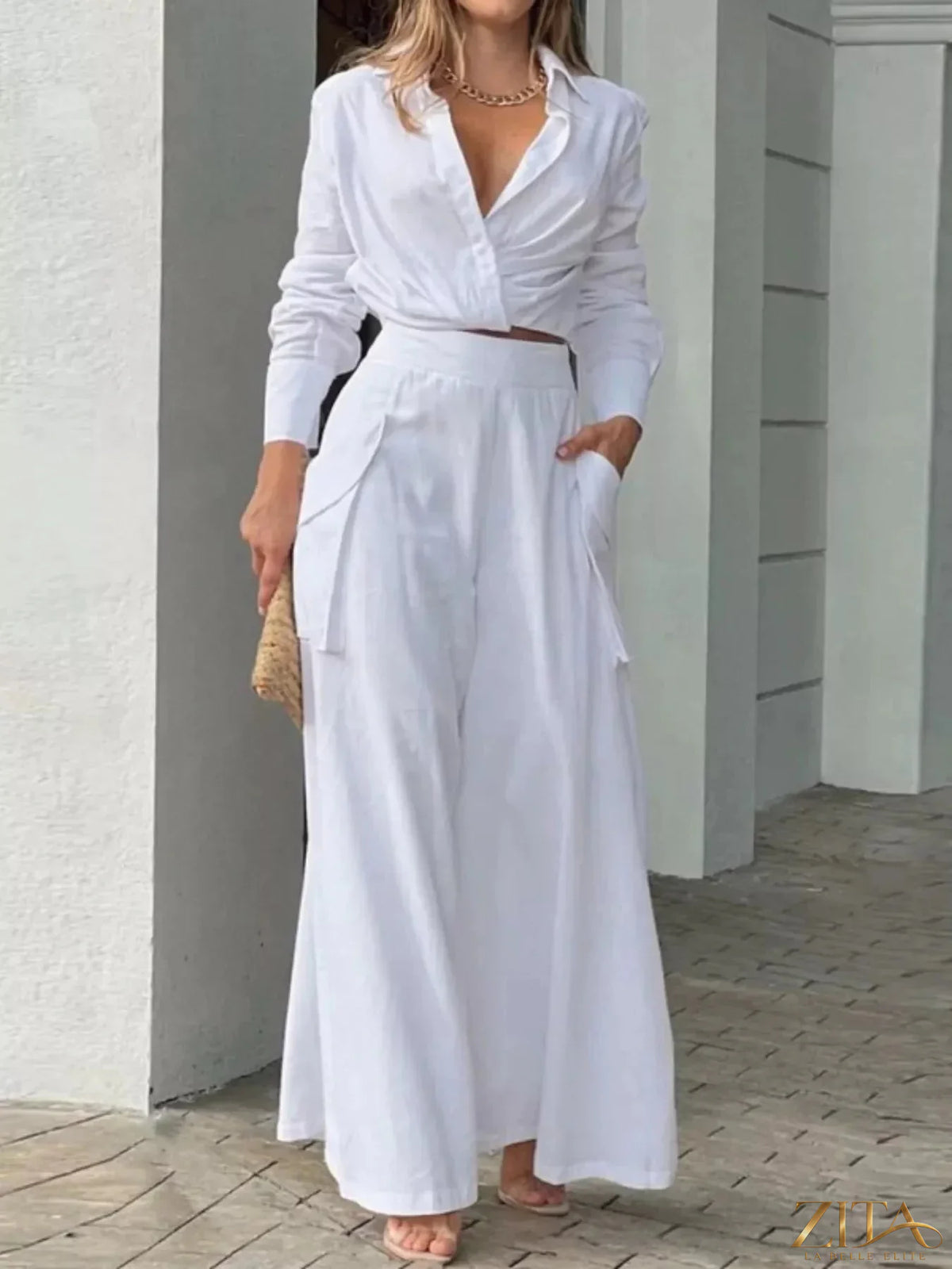 Zita La Belle Elite long sleeve shirt and wide-leg pants set in neutral fabric, styled for a modern, sophisticated look
