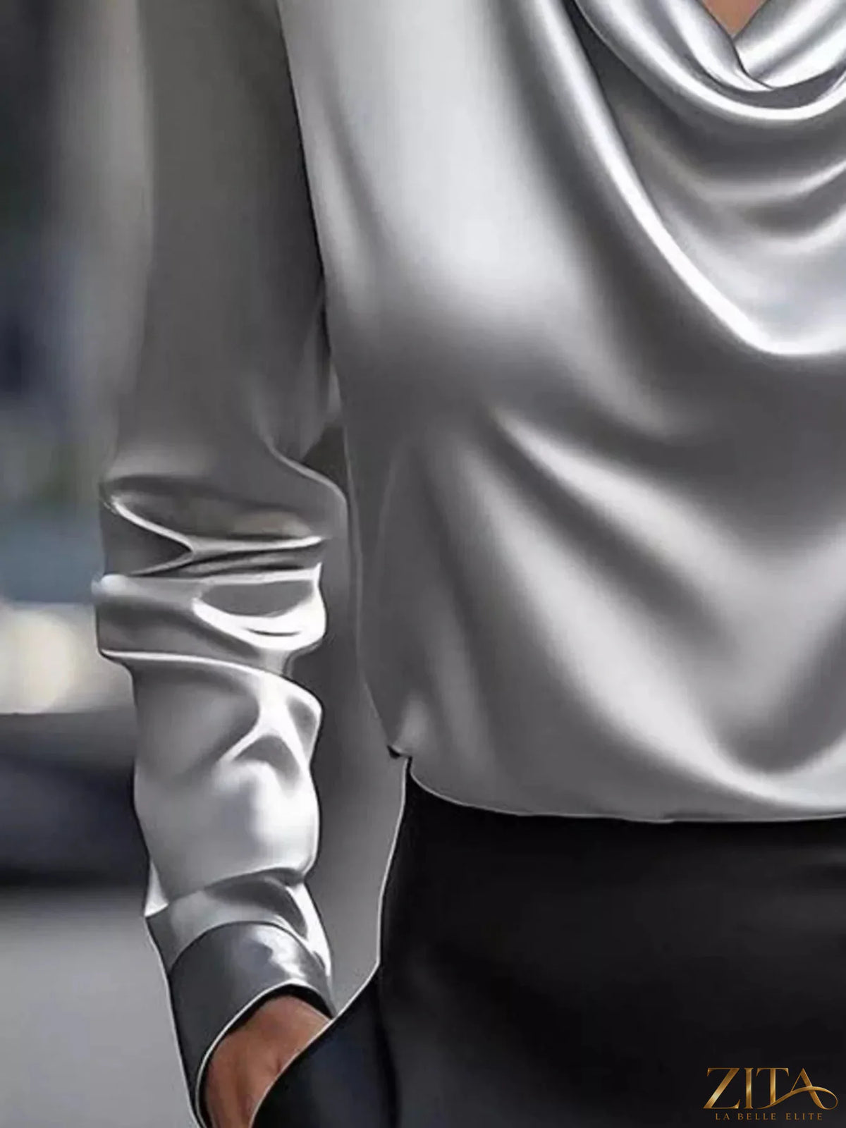 Plus size satin cowl neck long sleeve blouse by Zita La Belle Elite, shown in a full size, smooth satin fabric with elegant drape.