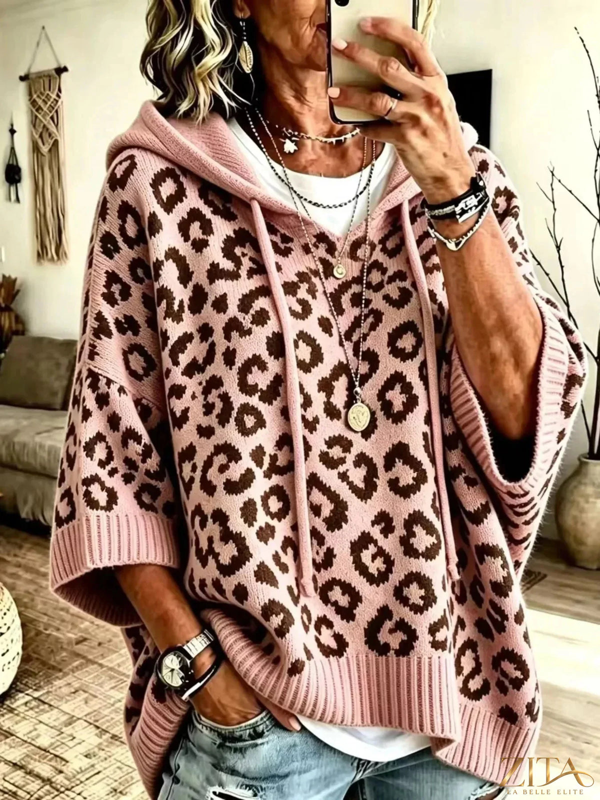Zita La Belle Elite drawstring leopard hooded sweater with front pockets and cozy fit, featuring a bold animal print design.