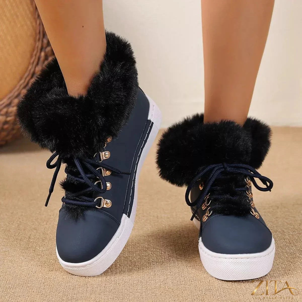 Zita La Belle Elite round toe platform boots with chunky heels and sleek black leather finish.