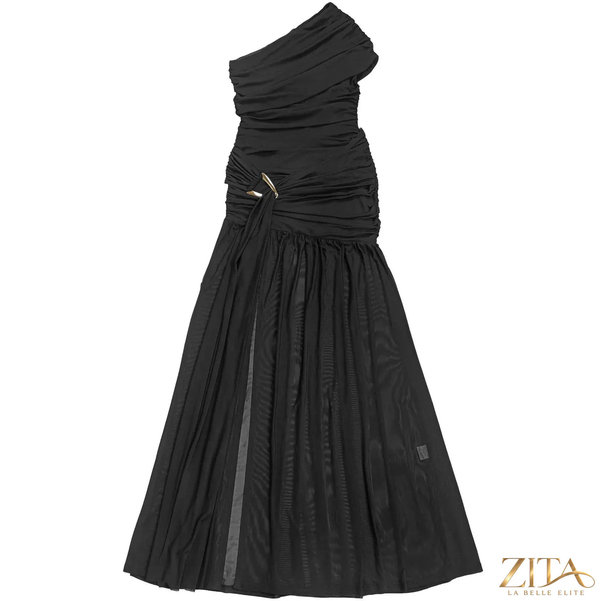 Zita La Belle Elite one-shoulder ruched evening dress with high slit, elegant formal gown featuring a fitted bodice and flowing fabric.