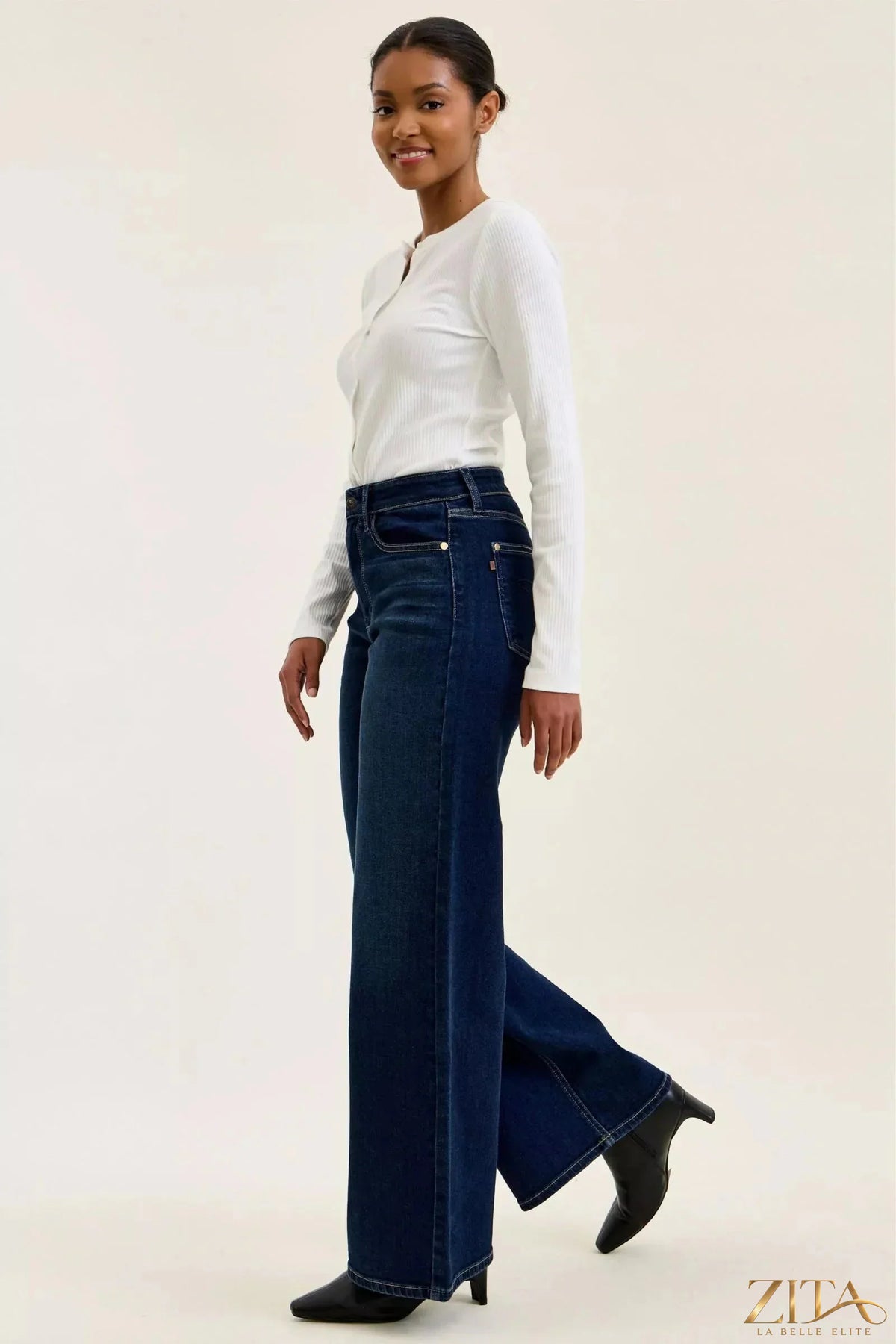 Zita La Belle Elite Judy Blue high-waisted wide-leg dark wash jeans displayed on a hanger with front and back views