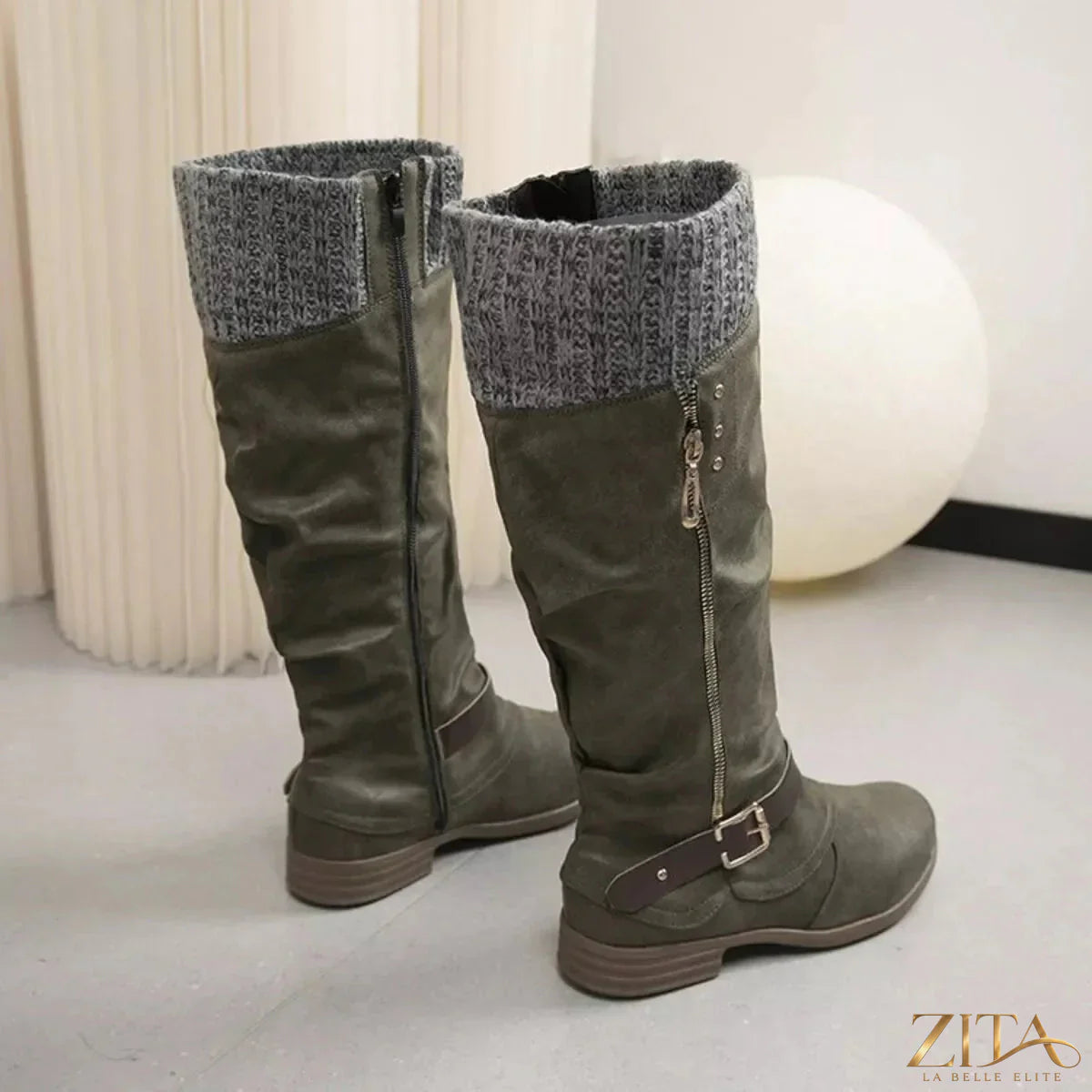 Zita La Belle Elite knee-high slouch boots with knit cuff, featuring a relaxed fit and stylish design for casual or trendy outfits.