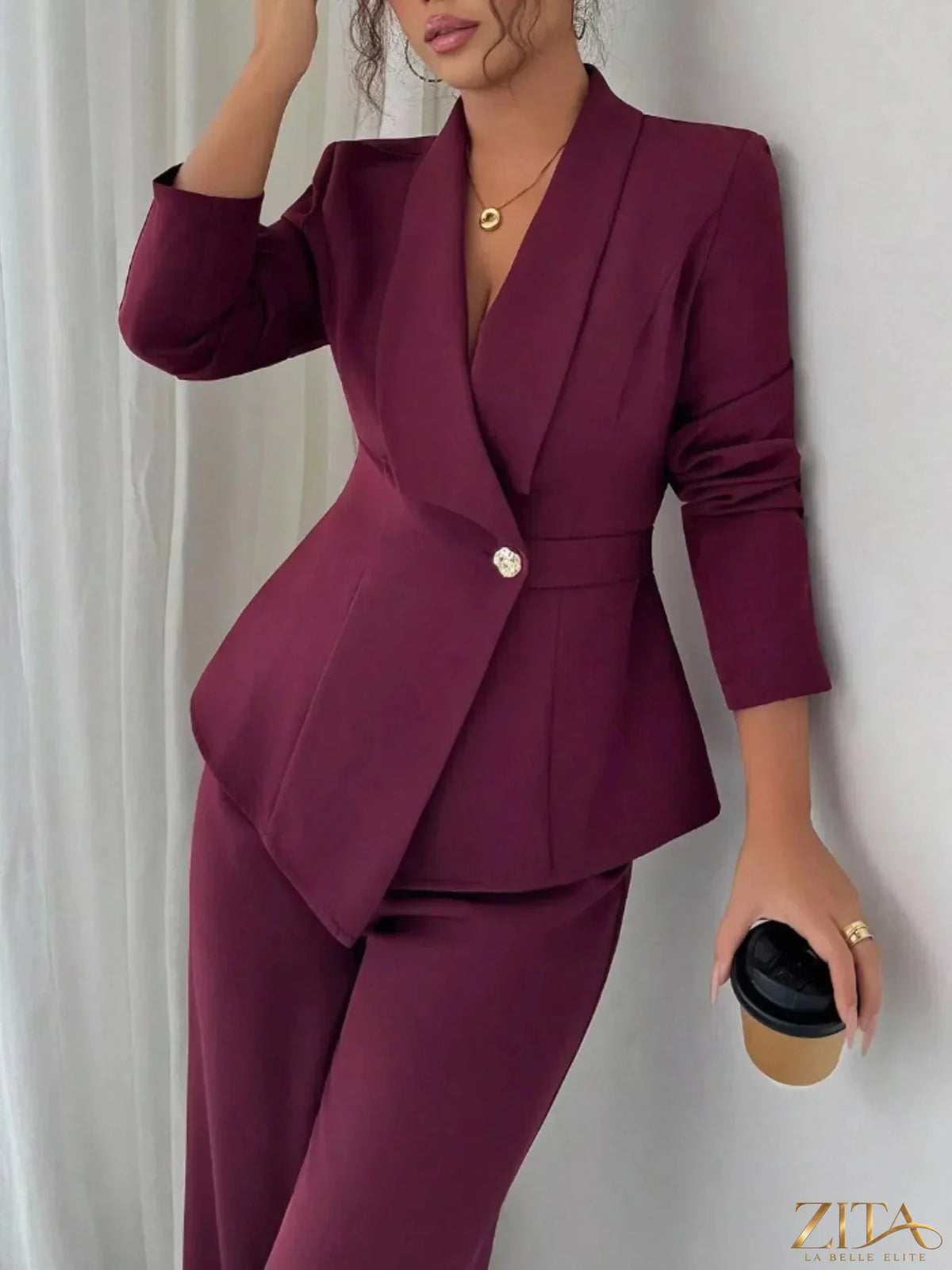 Zita La Belle Elite one-button blazer and matching pants set, tailored fit with classic lapel and sleek design, perfect for formal occasions.