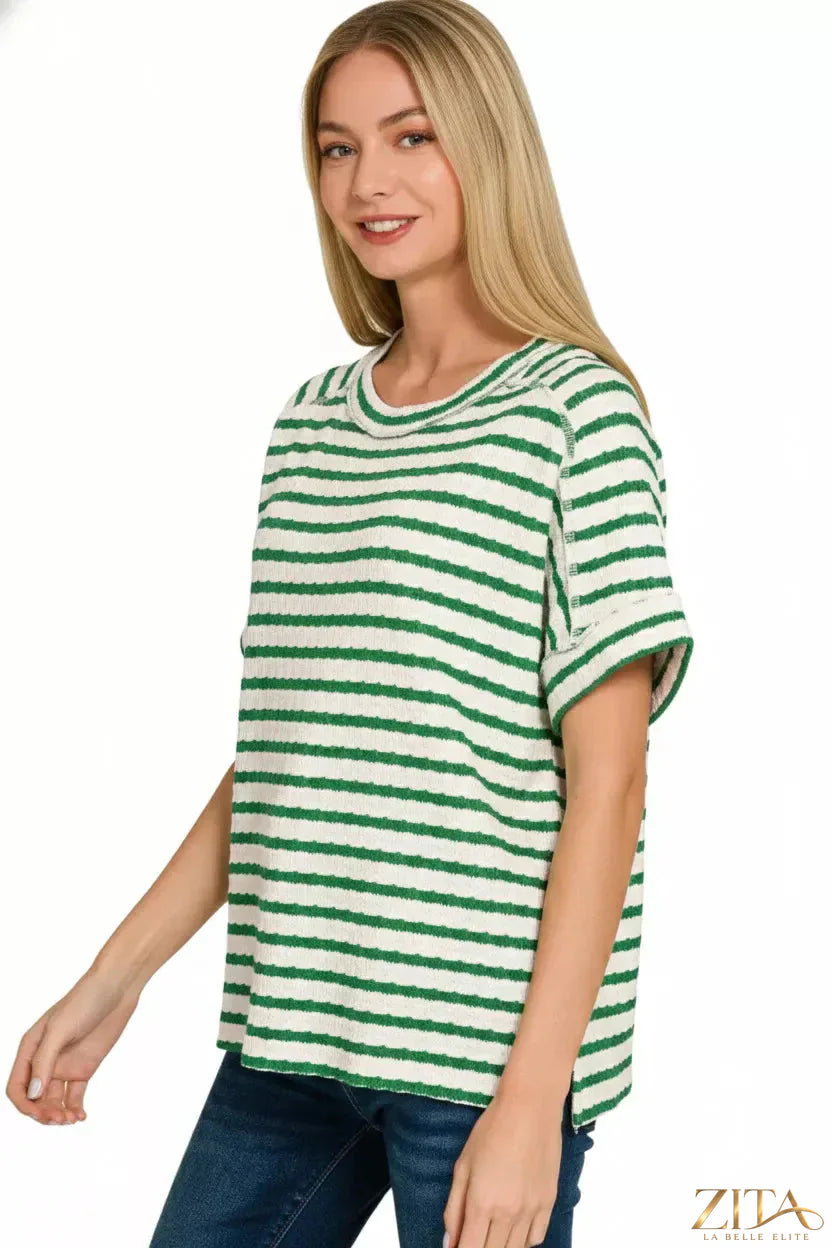 Stripe Jacquard round-neck tee from Zenana, featuring a stylish pattern and comfortable fit, shown on a model.