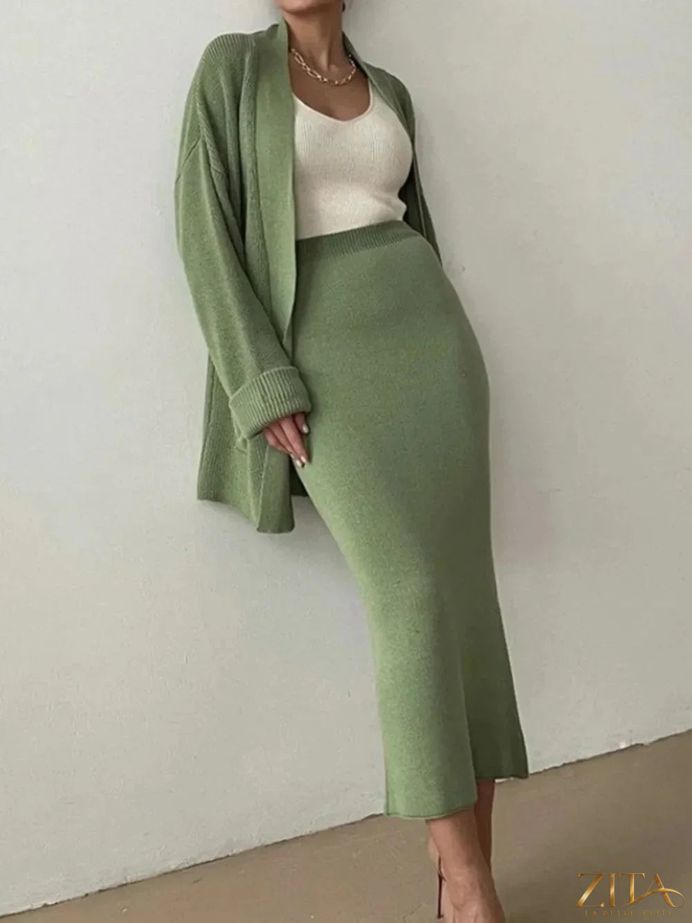 Zita La Belle Elite pocketed long sleeve cardigan and matching skirt sweater set, soft knit fabric, stylish and comfortable for casual wear.