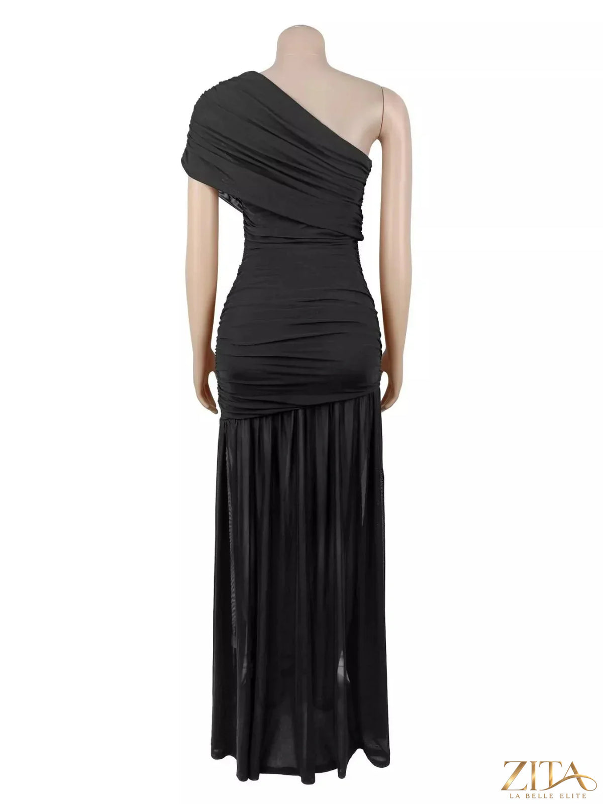 Zita La Belle Elite one-shoulder ruched high-slit evening dress displayed on a mannequin with elegant black fabric.