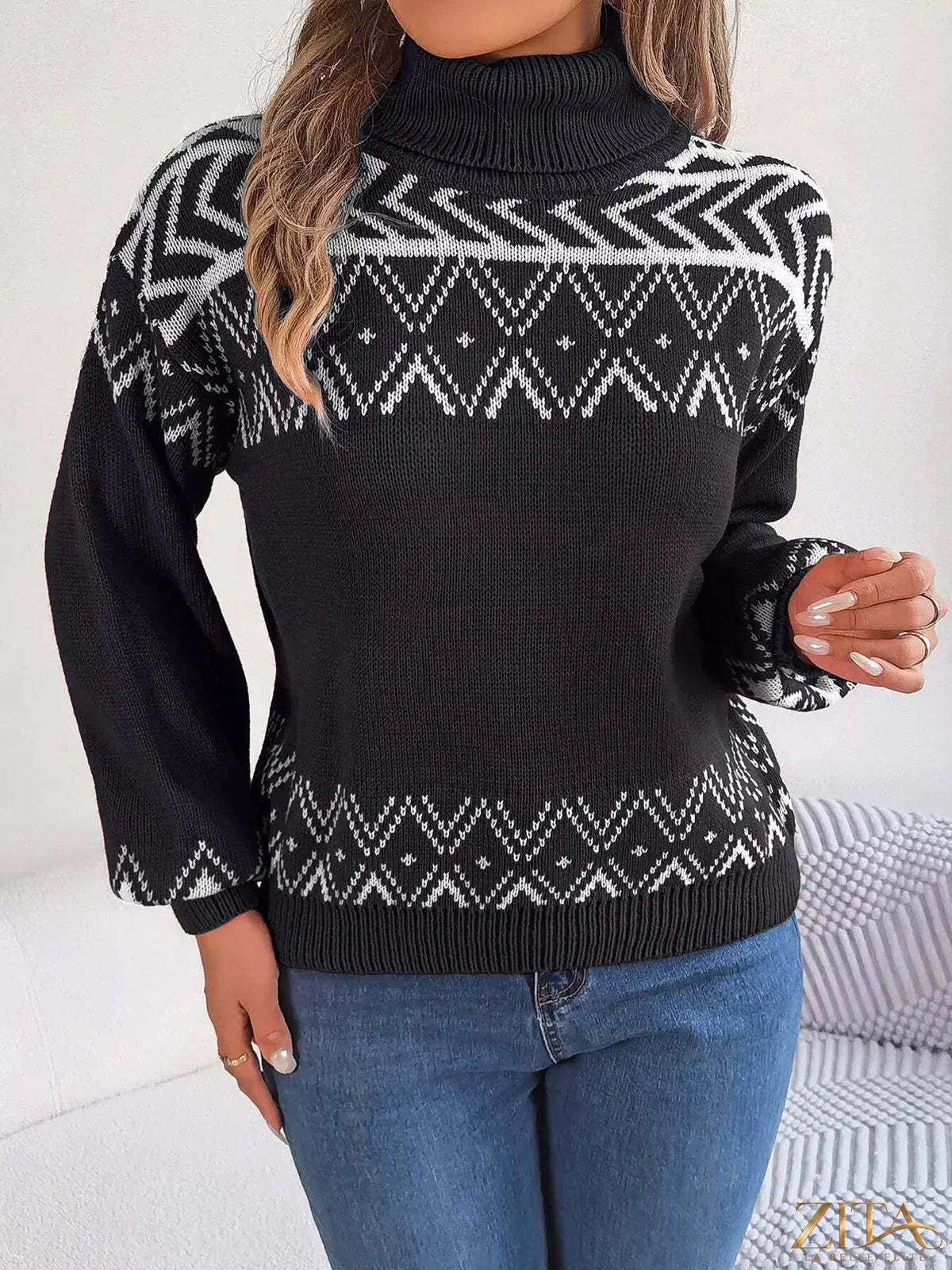 Zita La Belle Elite turtleneck dropped shoulder sweater in cozy knit fabric, featuring a relaxed fit and stylish design.