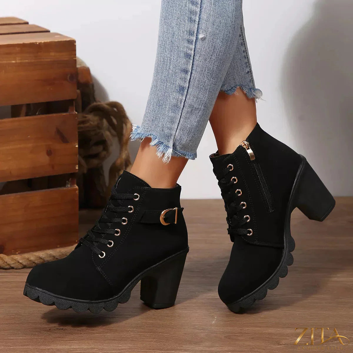 Zita La Belle Elite lace-up buckle chunky heel ankle boots with stylish design and sturdy soles, perfect for fashionable wear.