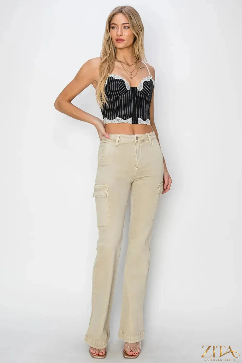 Zita La Belle Elite RISEN full-size high-rise cargo bootcut jeans with side slits, denim fabric, and classic five-pocket design.