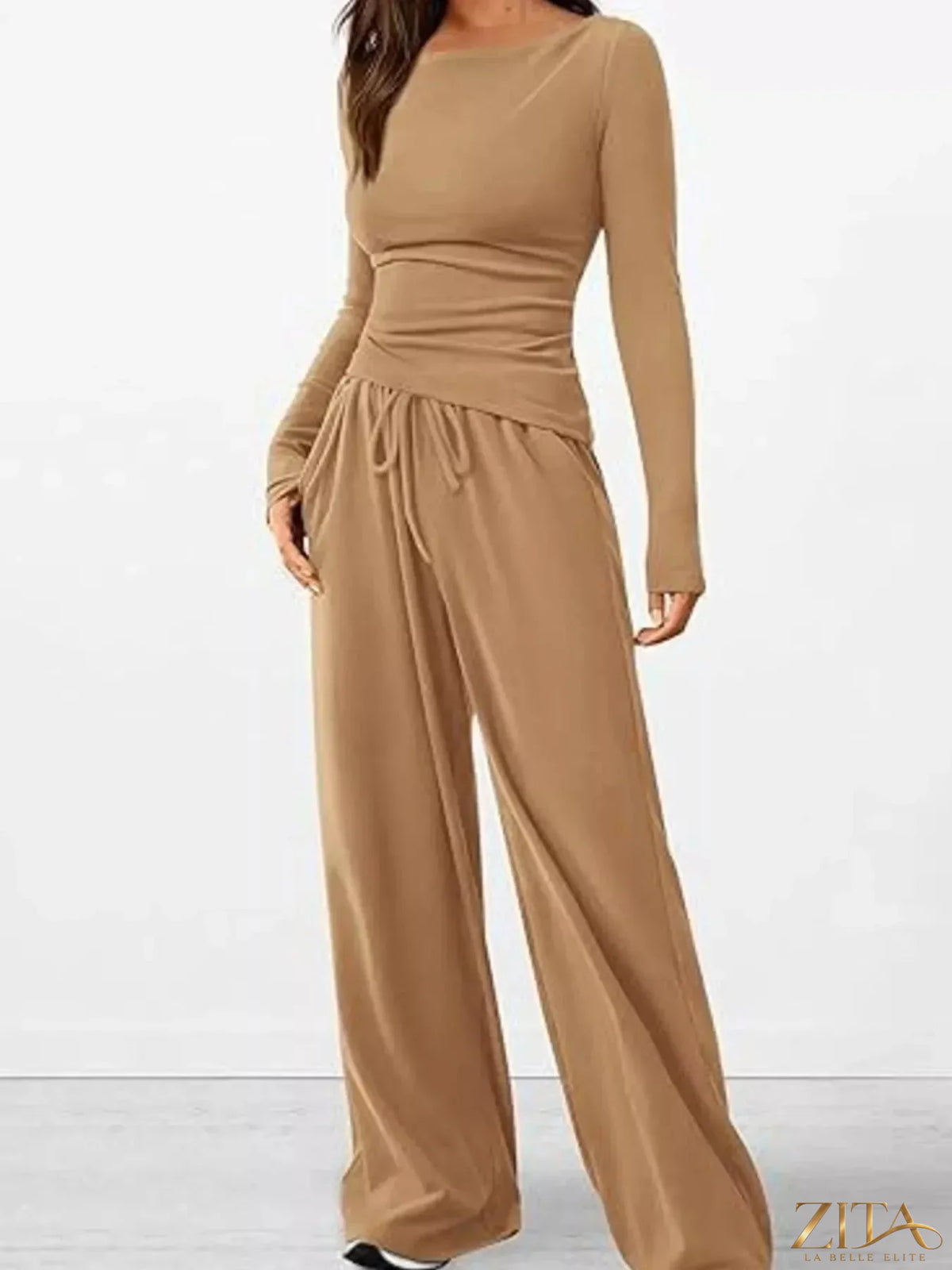 Zita La Belle Elite long sleeve top and wide-leg pants set, stylish matching outfit in soft fabric, shown on a model.