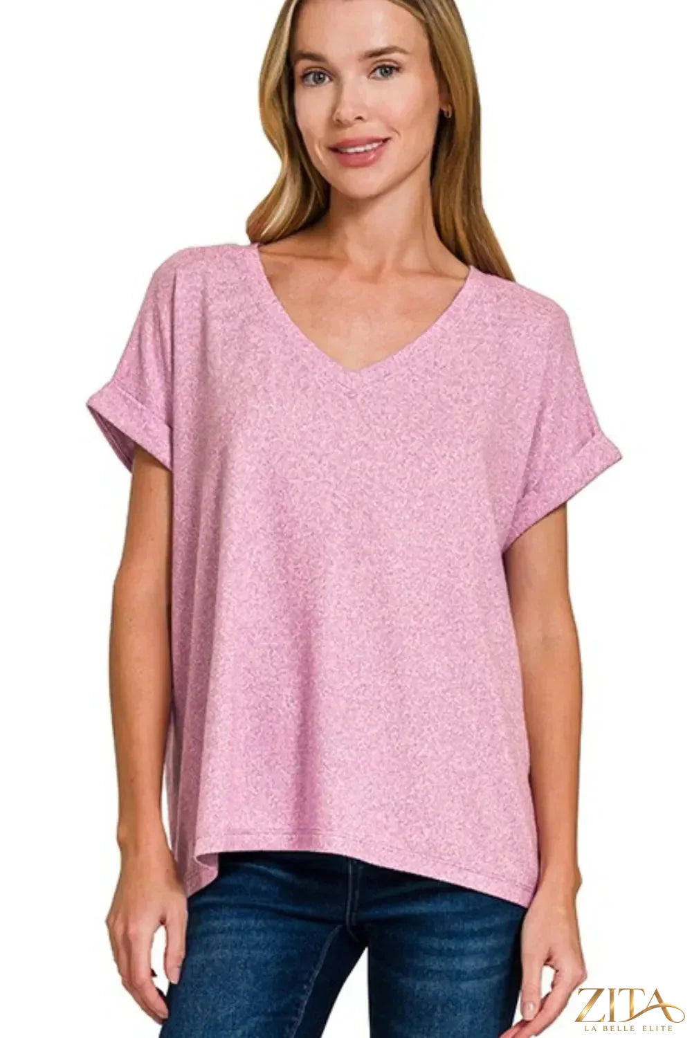 Soft melange Hacci V-neck tee by Zenana featuring a relaxed fit and comfortable fabric, shown in a neutral color.