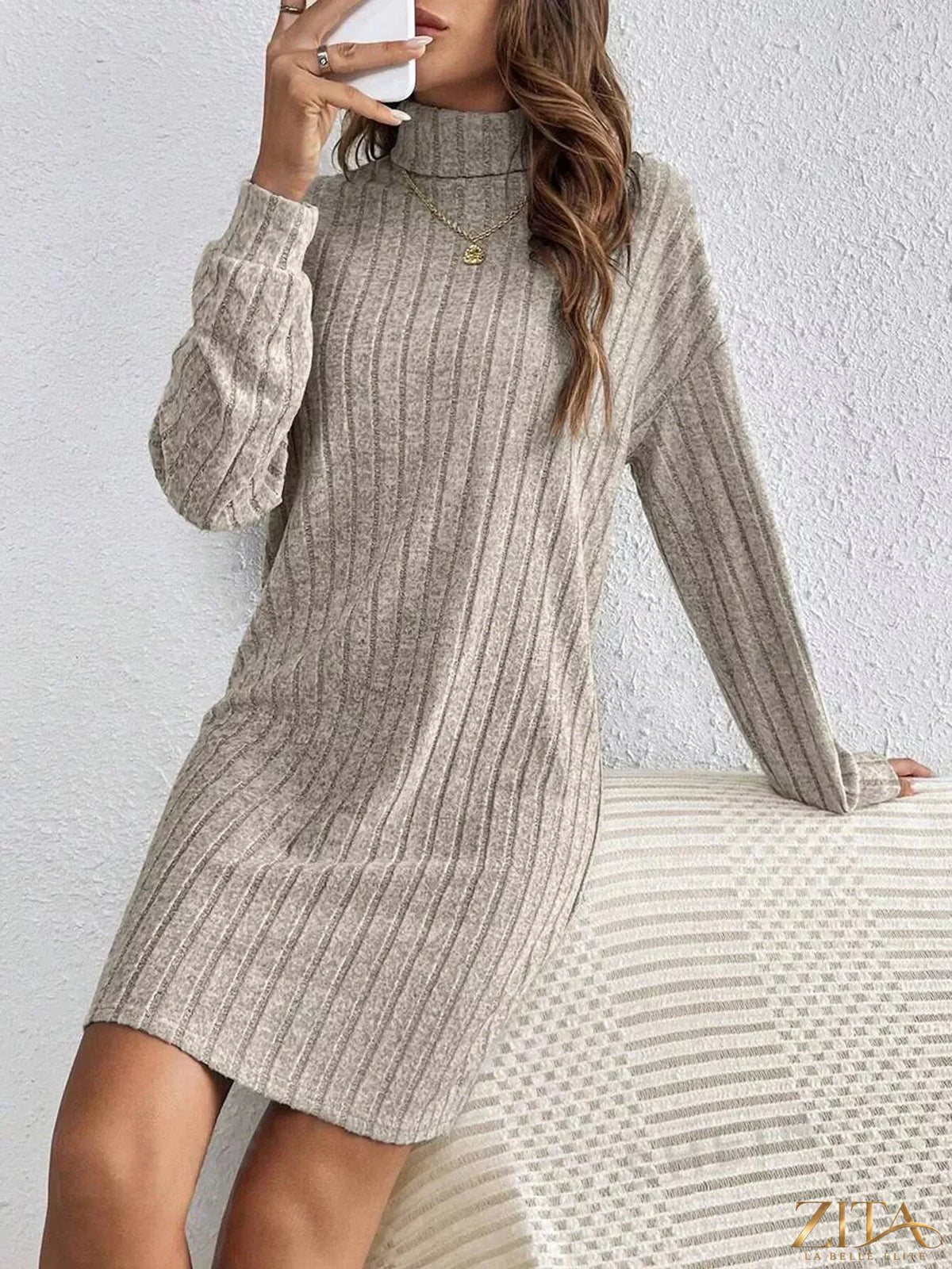 Zita La Belle Elite ribbed knit turtleneck dress in a fitted silhouette, showcasing its cozy texture and elegant design.
