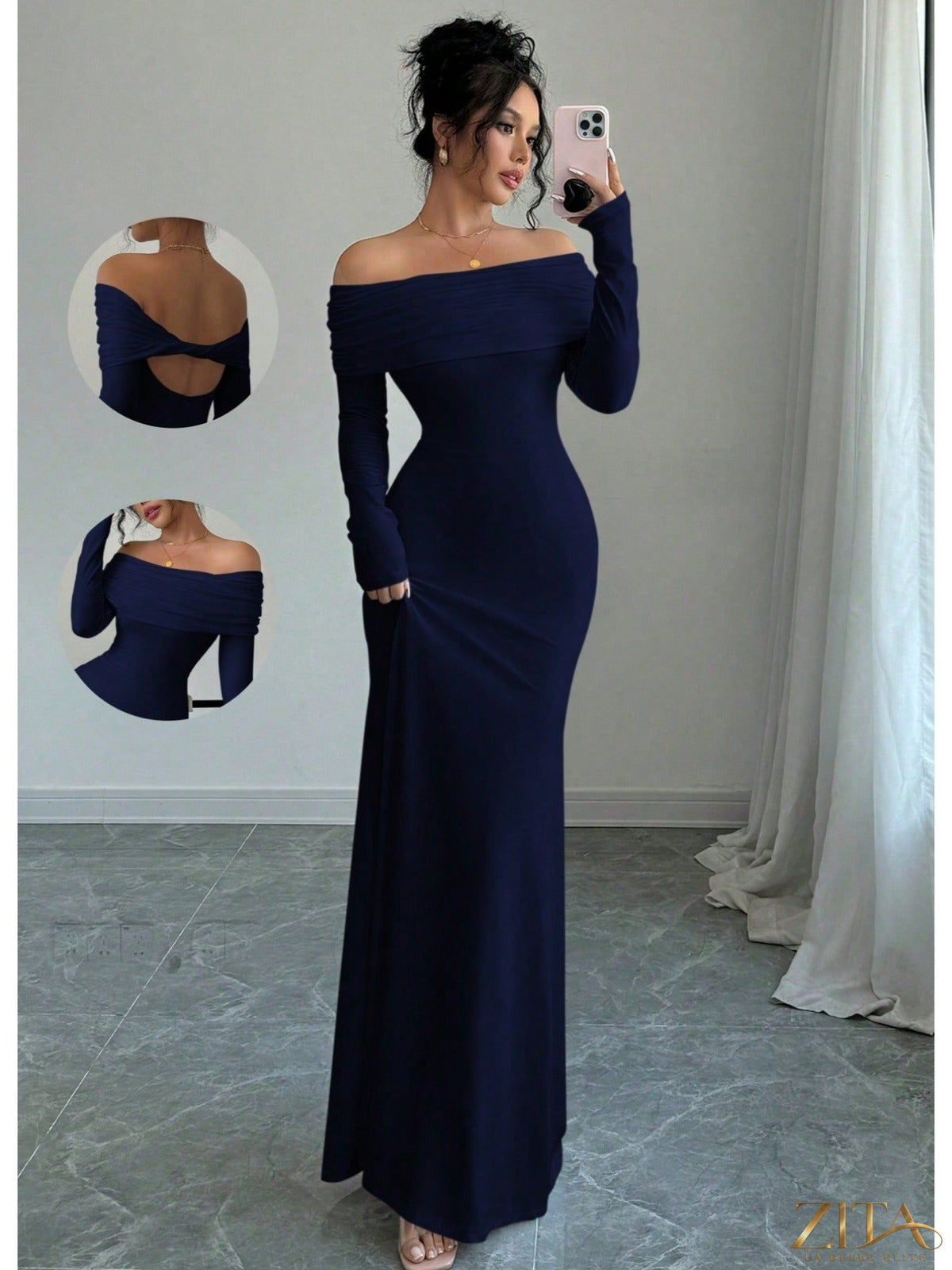 Elegant off shoulder midi evening gown by Zita La Belle Elite, featuring a flowing silhouette and sophisticated design for women.