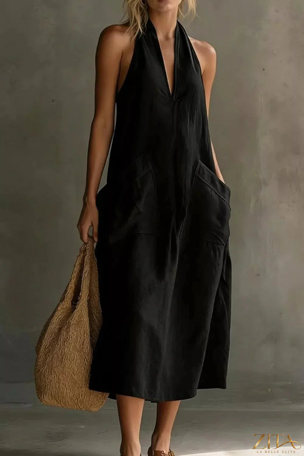 Zita La Belle Elite casual halter neck midi dress with side pockets, lightweight fabric, and a relaxed fit for everyday wear